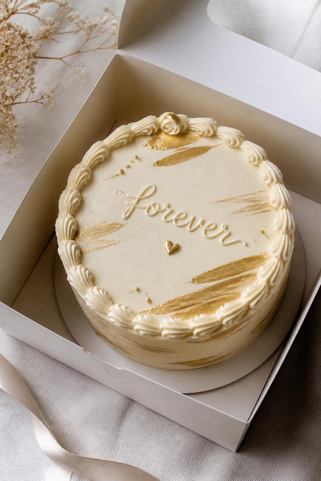 Image Prompt:
An elegant anniversary bento cake in an open white cake box, smooth ivory frosting, subtle gold brushstroke accents, neat piped border, handwritten icing text reading “forever,” classy romantic styling, clean soft background, realistic close-up bakery photography, no people, no hands, no faces, no watermarks on images