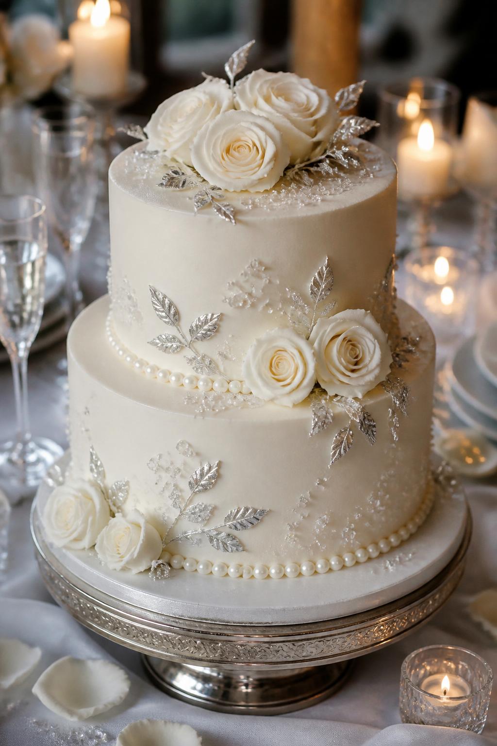 Image Prompt: A romantic diamond wedding anniversary cake with smooth ivory buttercream, white roses, silver leaf accents, pearl borders, and tiny clear sugar crystals scattered softly around the tiers. Style it on an elegant table with candles, crystal glasses, white linen, and soft glowing light. Make it graceful, romantic, and realistic, no people, no faces, no text overlay, no watermark. (no watermarks on images)