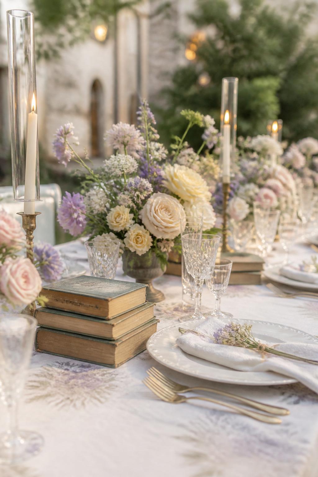 Image Prompt:
A charming whimsical wedding table styled with small stacks of vintage books, soft flowers in blush, ivory, lavender, and pale yellow, brass candle holders, crystal glasses, white plates, and linen napkins. Romantic estate or garden reception setting, no visible faces, no text, no watermark, realistic DSLR editorial photography, (no watermarks on images)