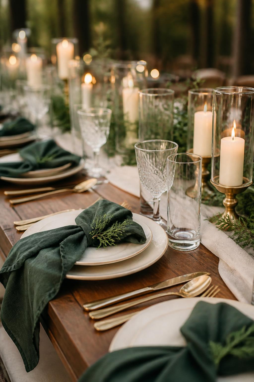 A close editorial wedding table photo focused on place settings with forest green napkins, ivory plates, gold flatware, clear glasses, a small sprig of greenery at each setting, and soft candlelight in the background. Woodland wedding reception setting, no visible faces, no text, no watermark, professional DSLR wedding photography.
