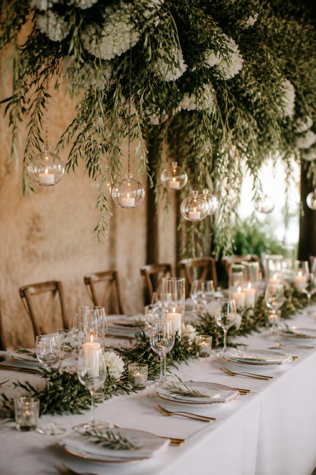 Image Prompt:
A high-end editorial Italian wedding reception photo showing a long table beneath a hanging greenery installation made with olive branches, vines, white flowers, and soft warm lights. The table below has white linen, candles, ceramic plates, gold flatware, clear wine glasses, and elegant place settings. No visible faces, no full people, no text, no watermark, realistic DSLR wedding photography, (no watermarks on images)