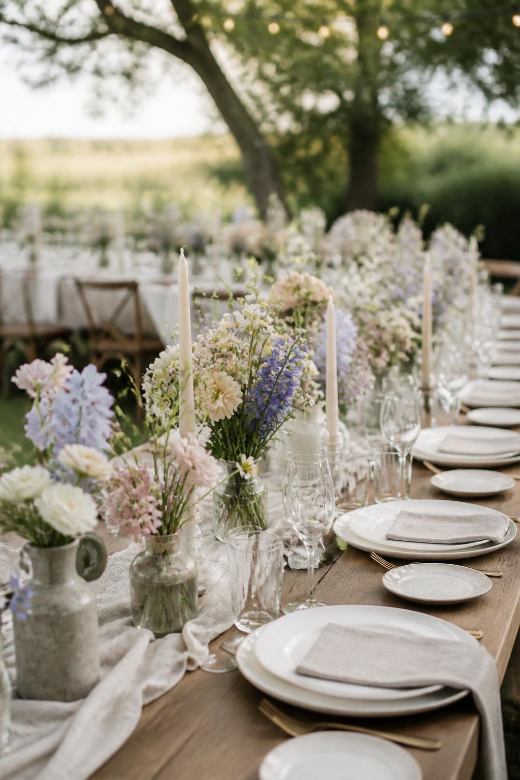 Image Prompt:
A pretty farm table wedding photo showing loose wildflower arrangements in small vases along a long wooden table, with flowers in white, pale yellow, blush, lavender, and soft blue. Add natural linen, ceramic plates, clear glassware, taper candles, and a garden or countryside reception setting. No visible faces, no text, no watermark, realistic editorial wedding photography, (no watermarks on images)