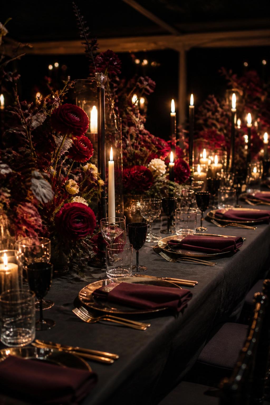 Image Prompt:
A dramatic editorial wedding reception photo showing a long rectangle table with deep burgundy flowers, dark red ranunculus, plum accents, ivory candles, black candle holders, dark linen napkins, gold flatware, and warm low lighting. The table is set in an elegant evening reception space, no visible faces, no text, no watermark, professional DSLR wedding photography.