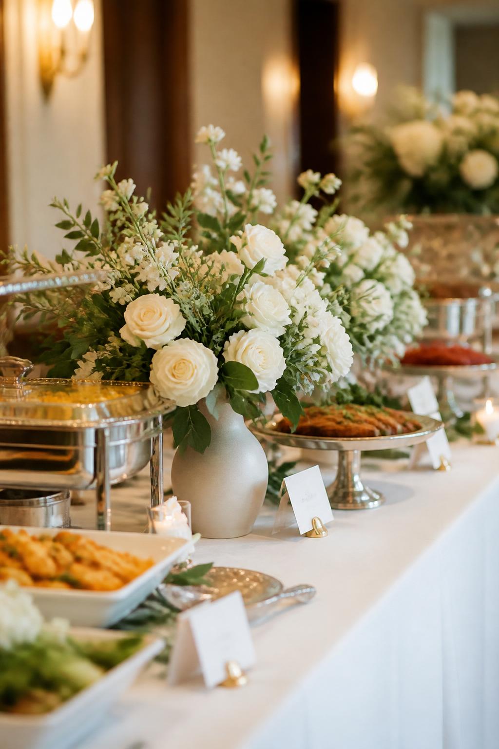 Image Prompt:
An elegant wedding buffet table with low floral arrangements placed carefully between serving dishes, using ivory roses, white flowers, soft greenery, and neutral ceramic vases. Include white linen, polished serving trays, small food label cards with no readable text, and warm reception lighting. No visible faces, no text, no watermark, professional DSLR photo.