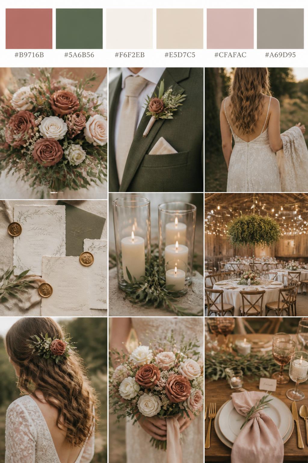 A realistic wedding palette board with a top row of color swatches and hex codes in cinnamon rose, olive green, cream, warm beige, dusty blush, and soft taupe. Below, show a polished collage of cinnamon rose flowers, olive greenery, cream candles, rustic paper goods, a groom suit detail with boutonniere and no visible face, cropped dress shots, bouquet styling in hands-only composition, and a romantic country reception table. Use no full faces, with side crops, back views, and no-people decor shots for variety. The mood should feel warm, soft, country, and romantic with true-to-life DSLR quality. 9:16 vertical format. (no watermarks on images)