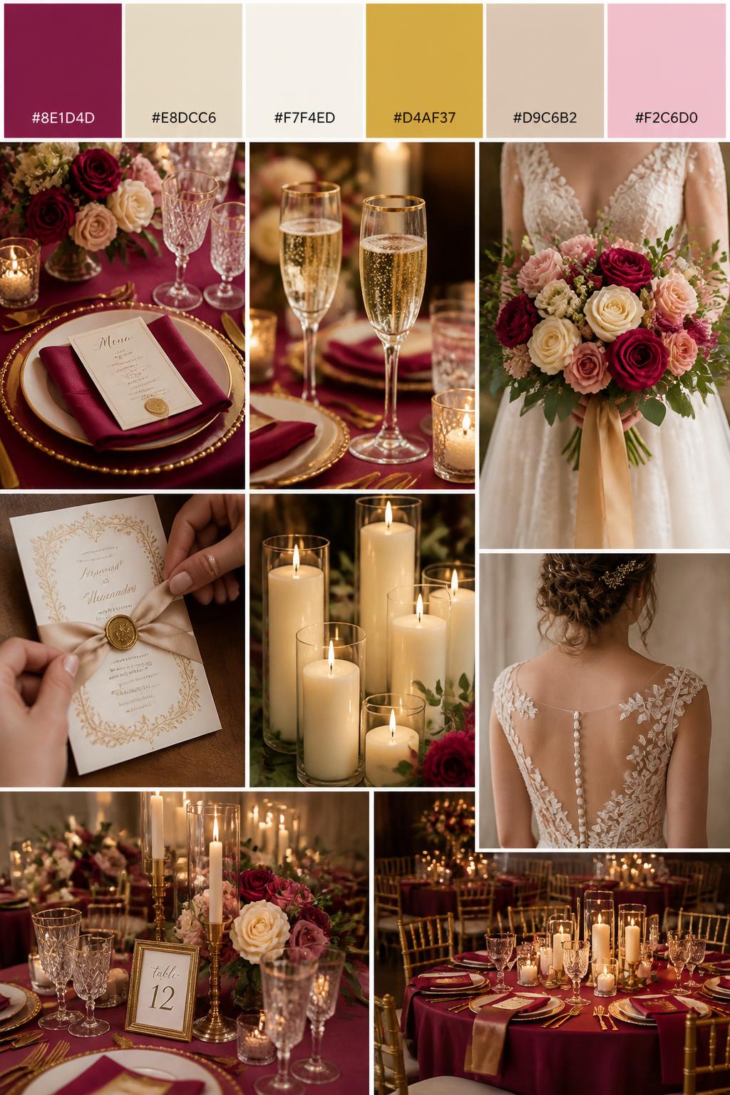 Image Prompt:
A realistic wedding color mood board in a vertical collage style. Add a top strip of palette swatches with hex codes in raspberry, champagne, ivory, soft gold, warm beige, and blush pink. Below, show realistic wedding details like raspberry table linens, champagne glassware, ivory candles, elegant table settings, gold flatware, a bouquet held in front of the body with no face shown, back-view bridal detail shots, and a warm no-people reception scene with candlelit styling. Use no clear faces, with a mix of cropped body details, hands-only shots, and no-people styling scenes. The look should feel rich, romantic, and polished with DSLR realism. 9:16 vertical format. (no watermarks on images)