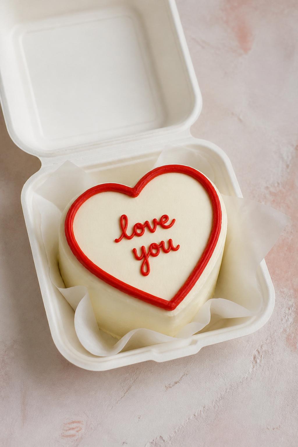Image Prompt:
A creative heart shaped bento cake inside an open white bento cake box, smooth cream buttercream frosting, bold red heart outline piping along the top edge, simple handwritten icing text reading “love you,” clean modern styling, soft natural light, pastel background, editorial bakery photography, realistic dessert styling, no people, no hands, no faces, no watermarks on images