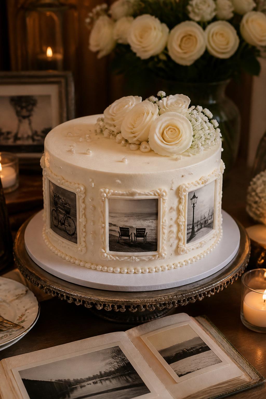 Image Prompt: A sentimental anniversary cake for parents with smooth ivory buttercream, elegant edible photo frames featuring tasteful black-and-white memory-style images around the sides, pearl accents, and soft cream roses. Style it on a family dessert table with candles, old photo albums, and warm indoor lighting. Make it look emotional, elegant, and realistic, no clear visible faces in the printed images, no people, no text overlay, no watermark. (no watermarks on images)