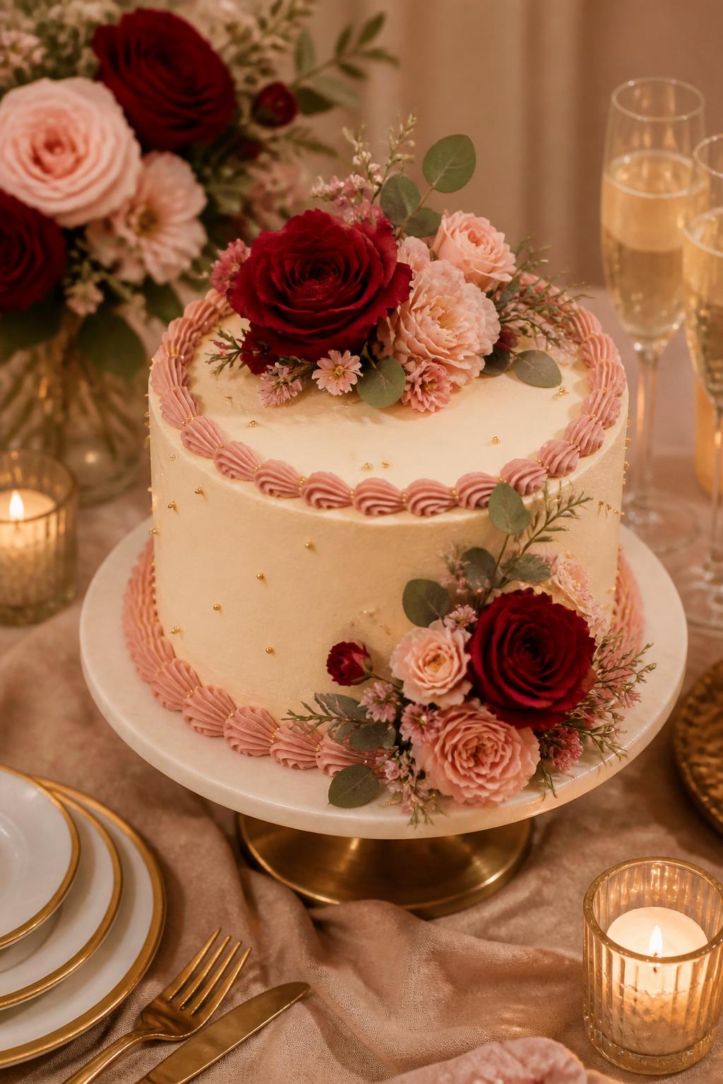 Image Prompt: A soft red and blush anniversary cake with smooth champagne buttercream, deep red roses, blush flowers, soft greenery, tiny gold pearls, and delicate piped borders. Style it on a warm dessert table with candles, gold-rimmed plates, champagne glasses, and neutral linen. Make it romantic, soft, and realistic, no people, no faces, no text overlay, no watermark. (no watermarks on images)