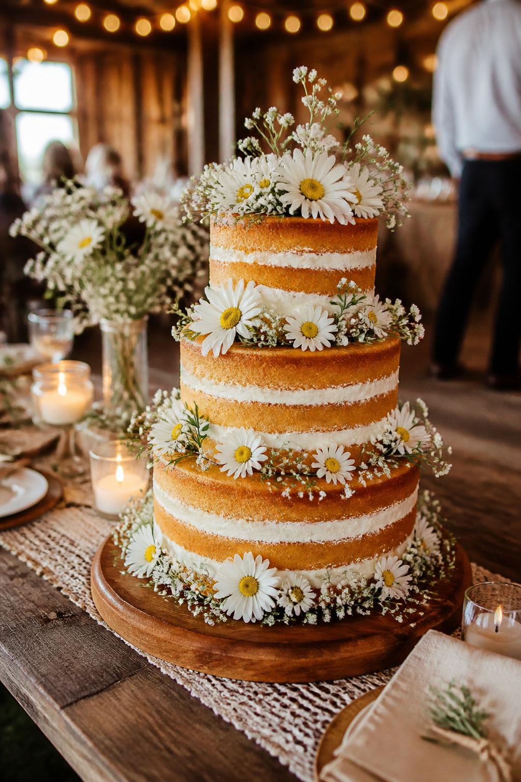 Image Prompt: Ultra-realistic barn or garden wedding reception photo of a naked daisy wedding cake with visible golden cake layers, white cream filling, fresh white daisies, tiny baby’s breath, and soft greenery arranged naturally around the tiers. Place the cake on a wooden cake stand at a real wedding party scene with candles, linen table styling, wildflower centerpieces, warm string lights, and a softly blurred rustic reception backdrop. Keep the cake as the main focus. No visible faces. If guests appear, show only cropped hands, back views, side views, boots, or neck-down figures. Realistic cake crumb texture, fresh daisy petals, warm DSLR wedding photography. (no watermarks on images)