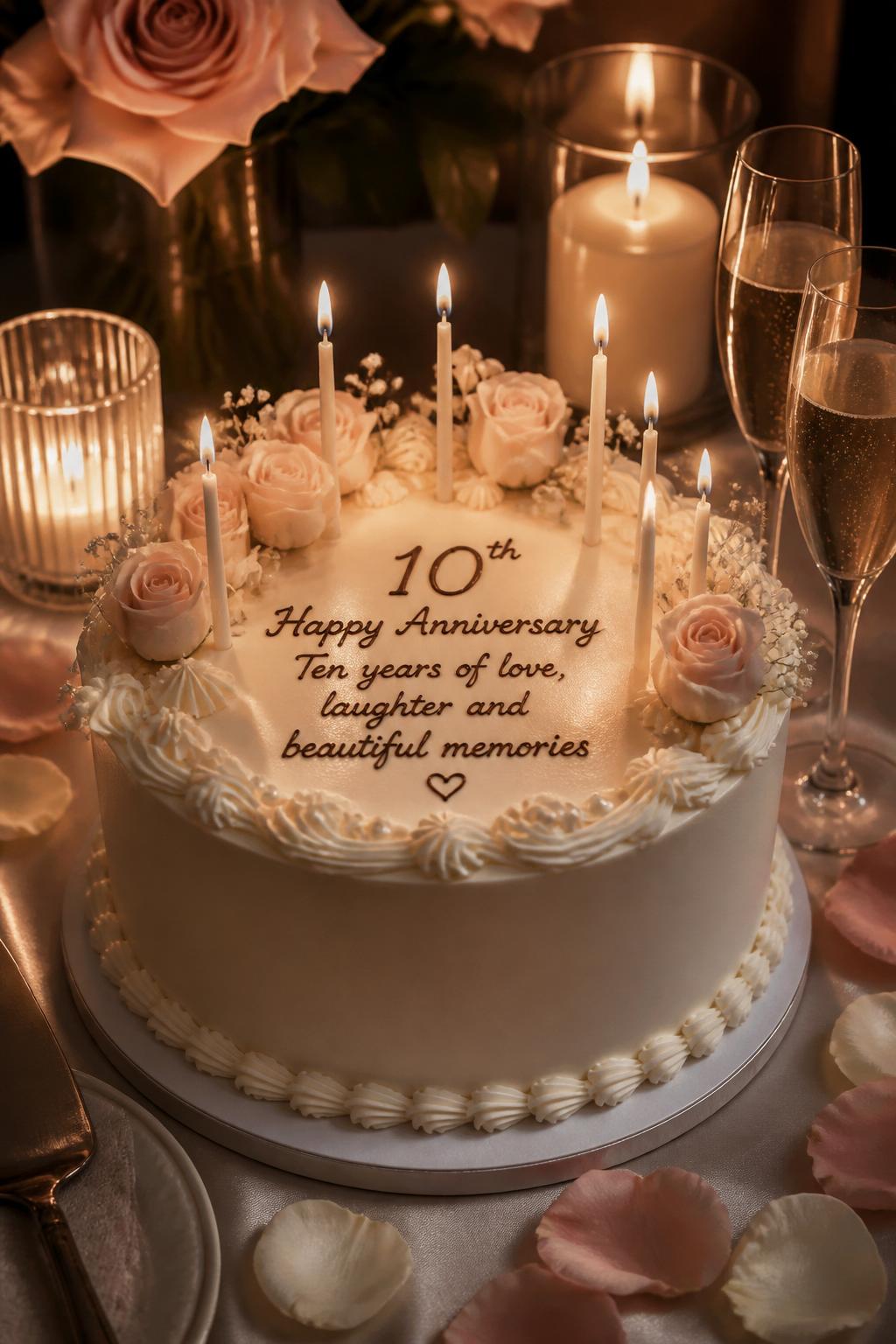 Image Prompt: A romantic 10th anniversary cake with smooth ivory buttercream, delicate piped borders, slim white candles, pale blush flowers, pearl accents, and a sweet anniversary message on top. Style it on an intimate evening dessert table with glowing candles, champagne glasses, rose petals, and warm soft lighting. Make it emotional, beautiful, and realistic, no people, no faces, no watermark. (no watermarks on images)