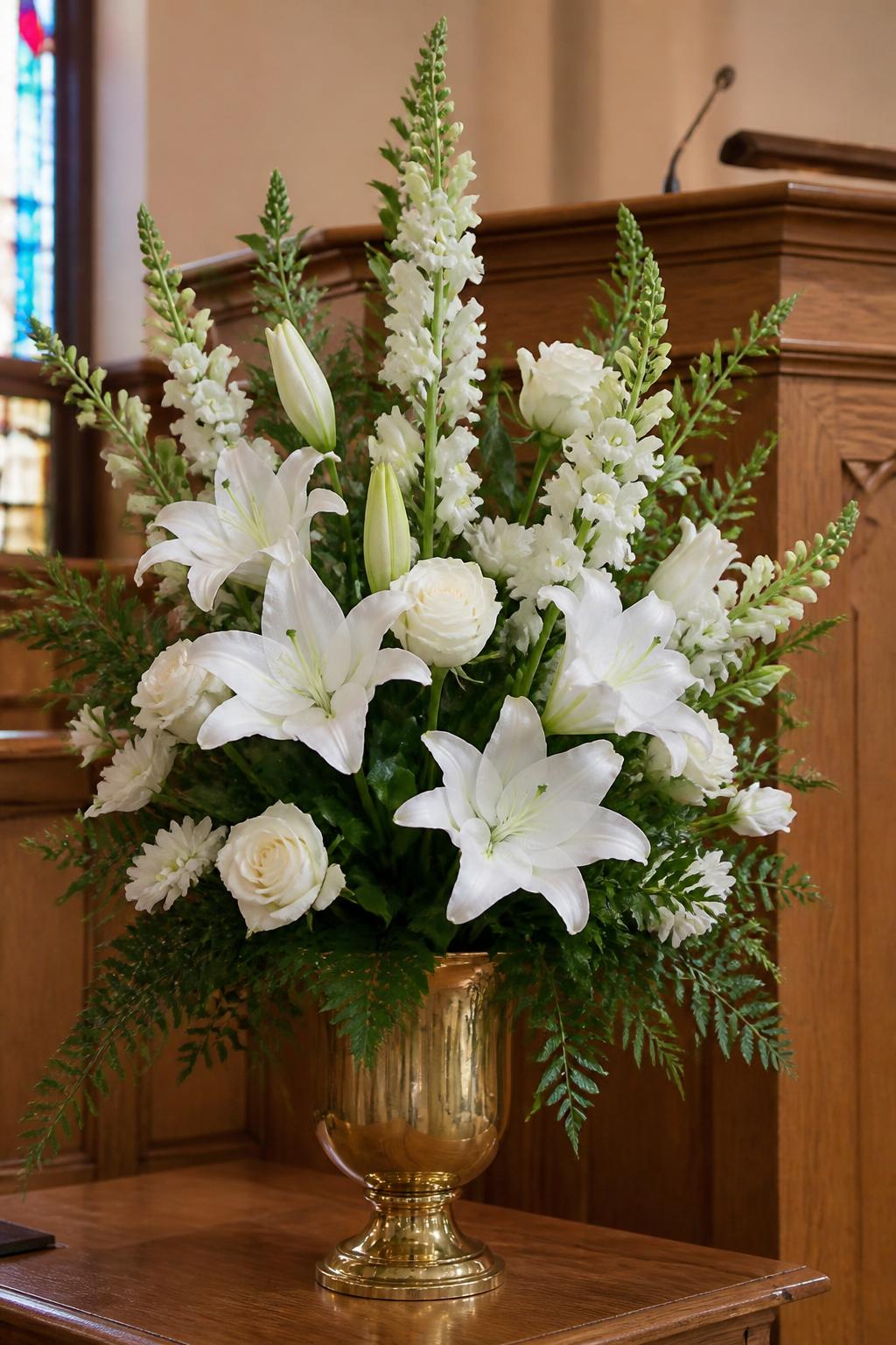 Image Prompt:
A classic church flower arrangement with fresh white lilies, white roses, white snapdragons, glossy green leaves, and soft fern accents in a polished brass vase, placed near a traditional wooden pulpit, warm church lighting, peaceful and formal setting, no people, no faces, realistic floral photography, elegant church decor, no text, no watermark.
