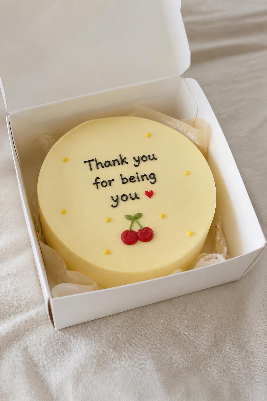 Image Prompt:
A modern Korean style yellow bento cake in a white cake box, smooth pale yellow frosting, clean finish, tiny cherry or heart detail, simple handwritten icing message, minimal cute styling, soft neutral background, realistic editorial bakery photo, no people, no hands, no faces, no watermarks on images