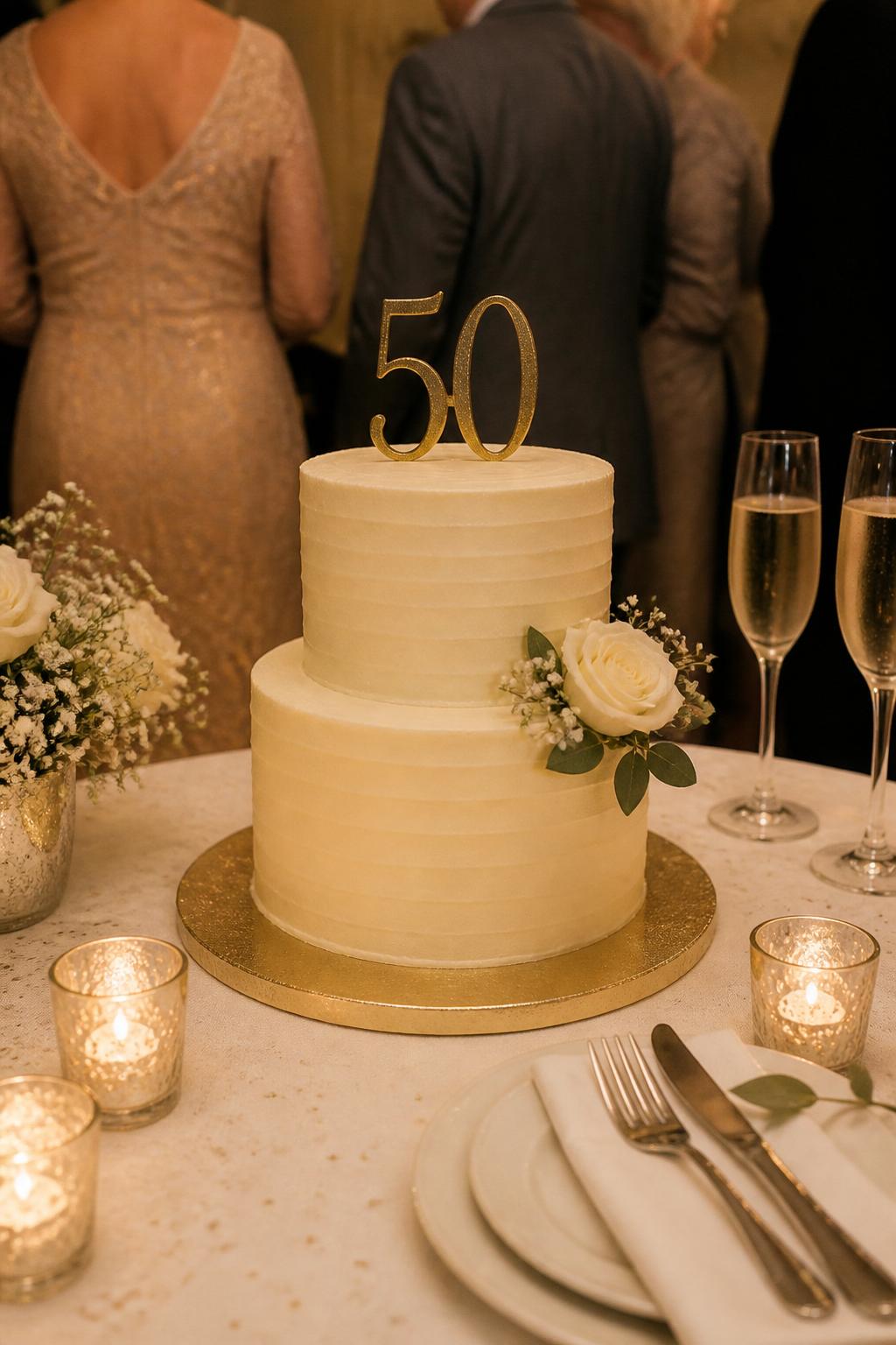 Image Prompt: Ultra-realistic 50th wedding anniversary party photo of a simple two-tier golden anniversary cake with smooth ivory frosting, clean elegant lines, a small gold "50" topper, and one subtle floral accent in white or soft champagne tones. Place it on a small dessert table at an intimate anniversary celebration with candles, champagne flutes, soft flowers, fine linen, and warm room lighting. Keep the cake in sharp focus. No visible faces. If guests appear, show only cropped hands, back views, side views, or neck-down figures. Realistic frosting detail, soft event styling, DSLR editorial quality. (no watermarks on images)