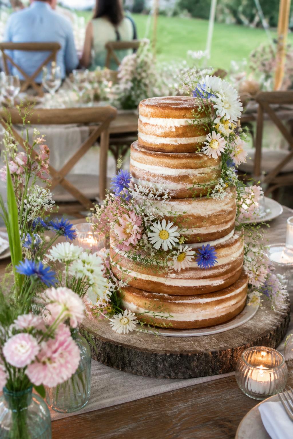 Image Prompt: Ultra-realistic outdoor wedding reception photo of a naked wedding cake decorated with small wildflowers in soft colors, visible sponge layers, and light buttercream filling. Use tiny daisies, soft blue flowers, blush blooms, yellow accents, and delicate greenery placed naturally on the tiers. Set the cake on a rustic table at a countryside wedding party with meadow-style florals, candles, wooden chairs, and softly blurred celebration decor. No visible faces. If guests appear, show only distant back views, cropped hands, or neck-down figures. Natural light, realistic flowers, detailed cake texture, DSLR wedding editorial style. (no watermarks on images)