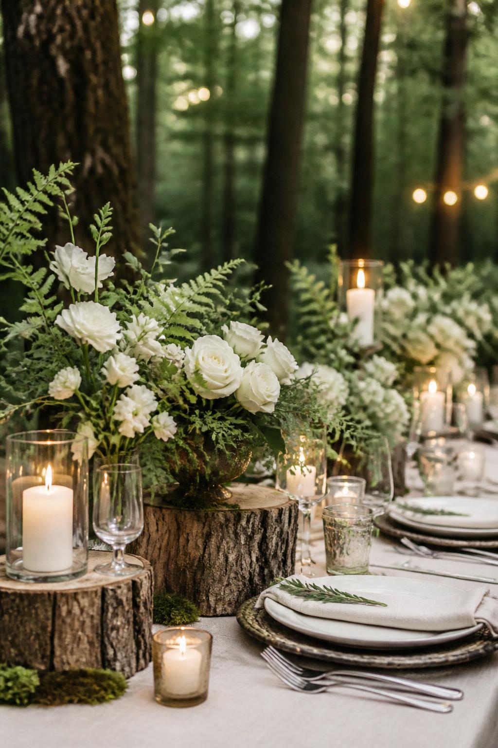 A stylish forest wedding table setup featuring subtle tree stump accent pieces used beneath candles or floral arrangements, combined with ferns, white flowers, greenery, and warm candlelight. The table has neutral linens, elegant place settings, and a romantic woodland backdrop. No visible faces, no text, no watermark, realistic editorial wedding decor photography.