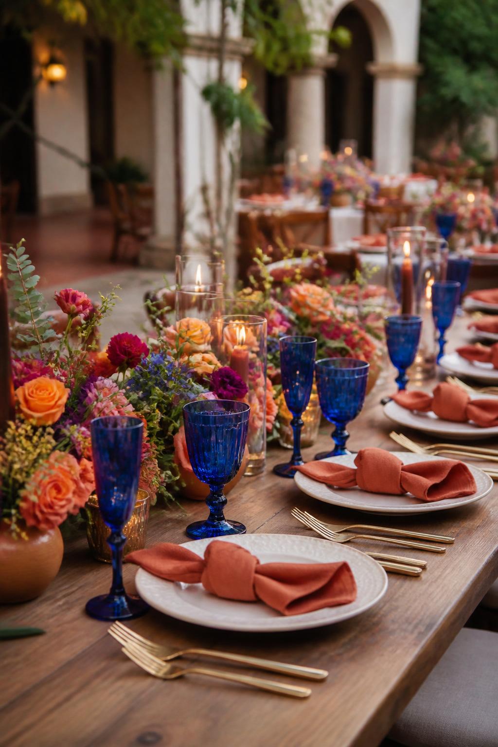 Image Prompt:
A stylish modern Mexican wedding table featuring cobalt blue glassware, terracotta napkins, white ceramic plates, colorful low floral centerpieces, gold flatware, and warm candlelight. The setting is an outdoor hacienda reception with clay tile floors and soft natural light, no visible faces, no text, no watermark, realistic editorial photo.