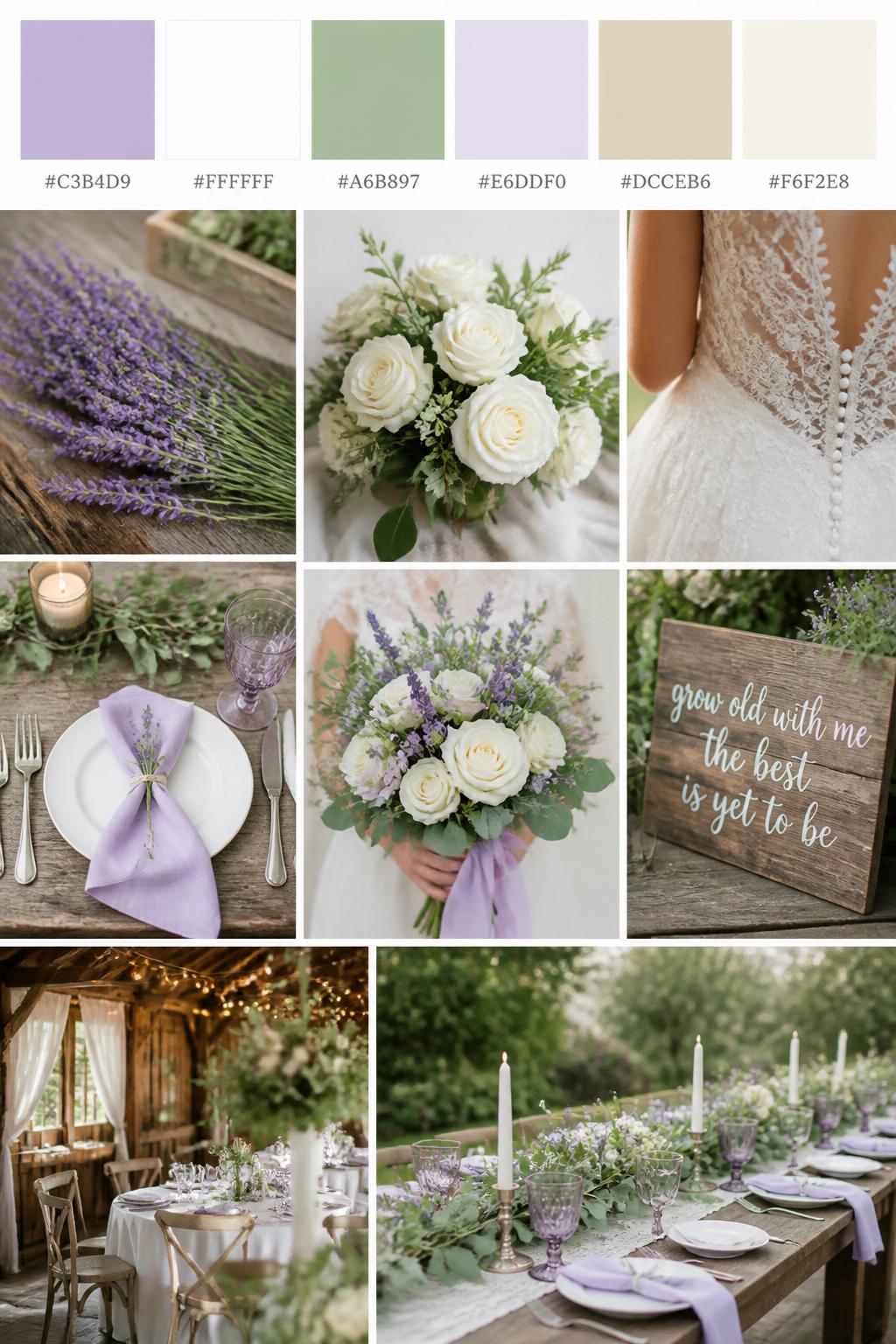 A realistic wedding palette board featuring a top row of color swatches and hex codes in lavender, white, sage green, pale lilac, warm beige, and soft cream. Below, show a fresh collage of wedding visuals: lavender flowers, white roses, sage greenery, rustic wood textures, simple place settings, cropped dress detail shots, bouquet styling in hands-only composition, and no-people reception tables in a garden or barn setting. Avoid showing faces by using back angles, side crops, waist-up detail framing, and no-people scenes. The collage should feel soft, country, fresh, and romantic with DSLR-quality detail. 9:16 vertical format. (no watermarks on images)