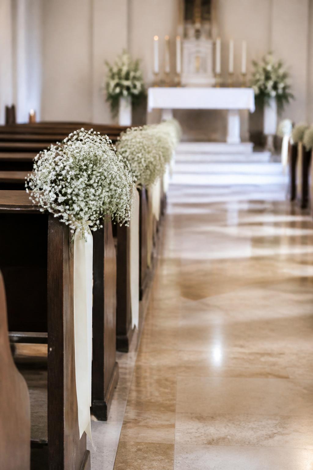 Image Prompt:
A clean church aisle with small cloud-like baby’s breath arrangements tied to the ends of wooden pews with narrow ivory ribbon, airy white floral clusters, simple altar in the distance, soft natural light, polished floor, no people, no faces, minimal elegant wedding church decor, realistic baby’s breath texture, calm editorial photo, no text, no watermark.