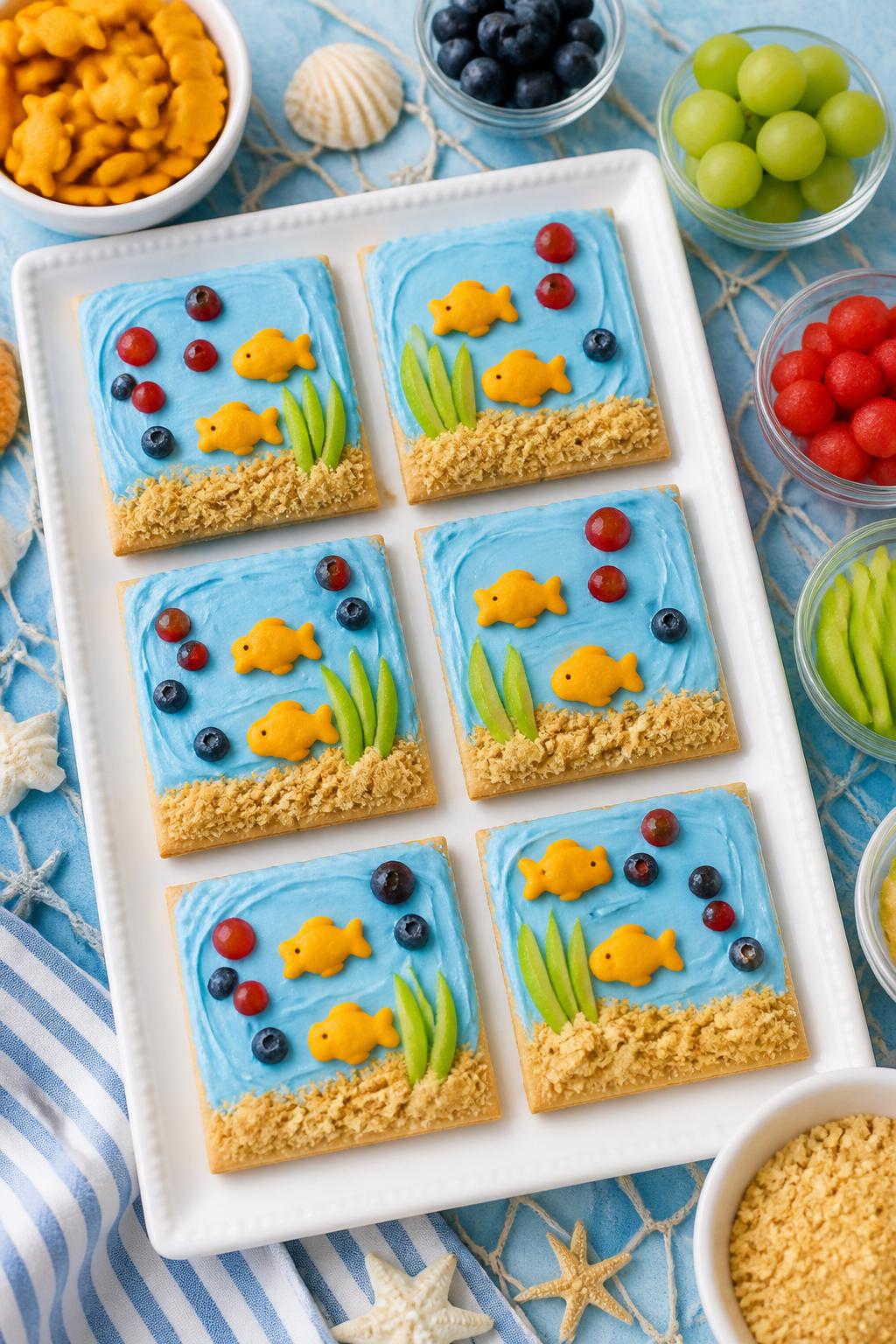 Detailed Image Prompt:
A playful summer food craft photo showing ocean graham cracker snacks, graham cracker squares spread with blue cream cheese or frosting, topped with goldfish crackers, fruit bubbles, and crushed cracker sand, arranged on a white platter with small bowls of toppings, bright ocean snack styling, no people, no faces, no readable text, no watermark on images.