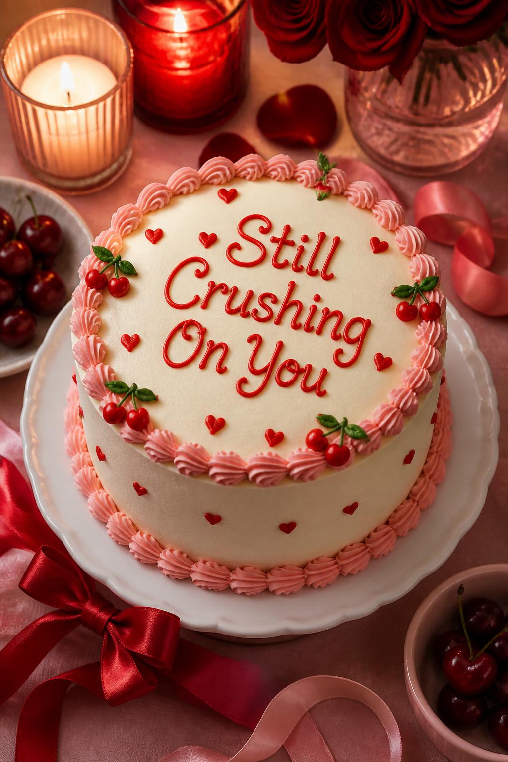 Image Prompt: A playful 2 year anniversary cake with smooth white buttercream, cute red piped lettering that says “Still Crushing On You,” tiny hearts, soft pink borders, and small cherry accents. Style it on a fun romantic dessert table with candles, rose petals, and satin ribbon. Make it sweet, playful, and realistic, no people, no faces, no watermark. (no watermarks on images)