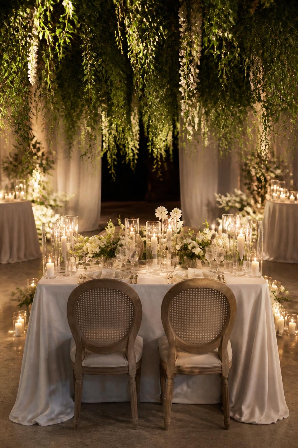 Image Prompt:
A magical editorial wedding photo showing a sweetheart table placed beneath hanging greenery or a soft overhead floral installation. The table includes white flowers, candles, elegant place settings, and romantic lighting. No visible faces, no full people, table-focused composition, realistic DSLR wedding photography, no text, (no watermarks on images)