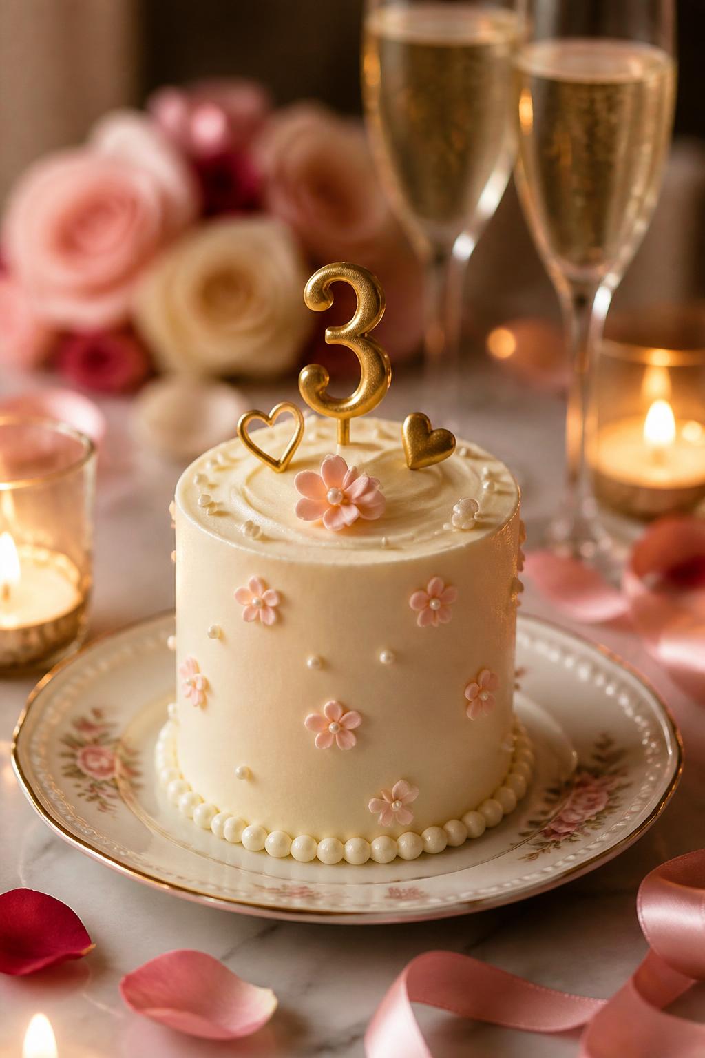Image Prompt: A small mini 3rd anniversary cake with smooth ivory buttercream, tiny blush flowers, pearl borders, a small gold “3” topper, and delicate heart accents. Style it on a pretty dessert plate with candles, rose petals, satin ribbon, and champagne glasses softly blurred in the background. Make it intimate, sweet, and realistic, no people, no faces, no watermark. (no watermarks on images)