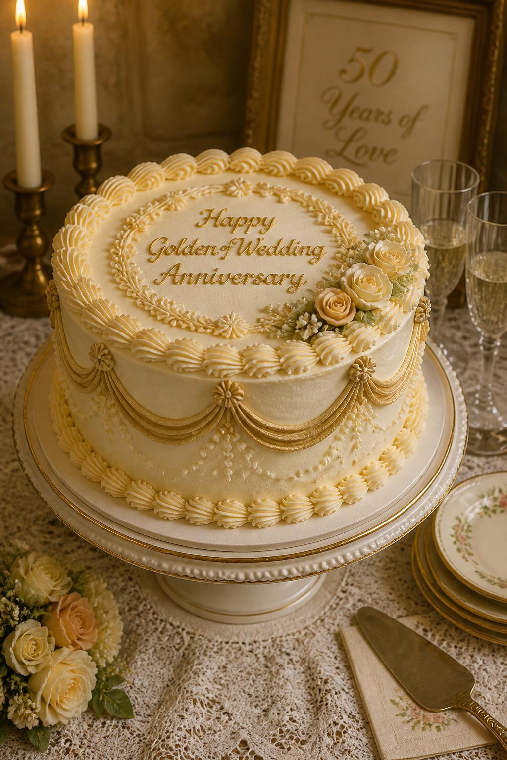 Image Prompt: A vintage Lambeth-style golden wedding anniversary cake with ivory buttercream, detailed gold-tinted piping, shell borders, piped swags, pearl dots, and soft cream floral accents. Place it on a classic cake stand with candles, lace linen, champagne glasses, and a warm vintage celebration setting. Make it realistic, nostalgic, and editorial, no people, no faces, no watermark. (no watermarks on images)