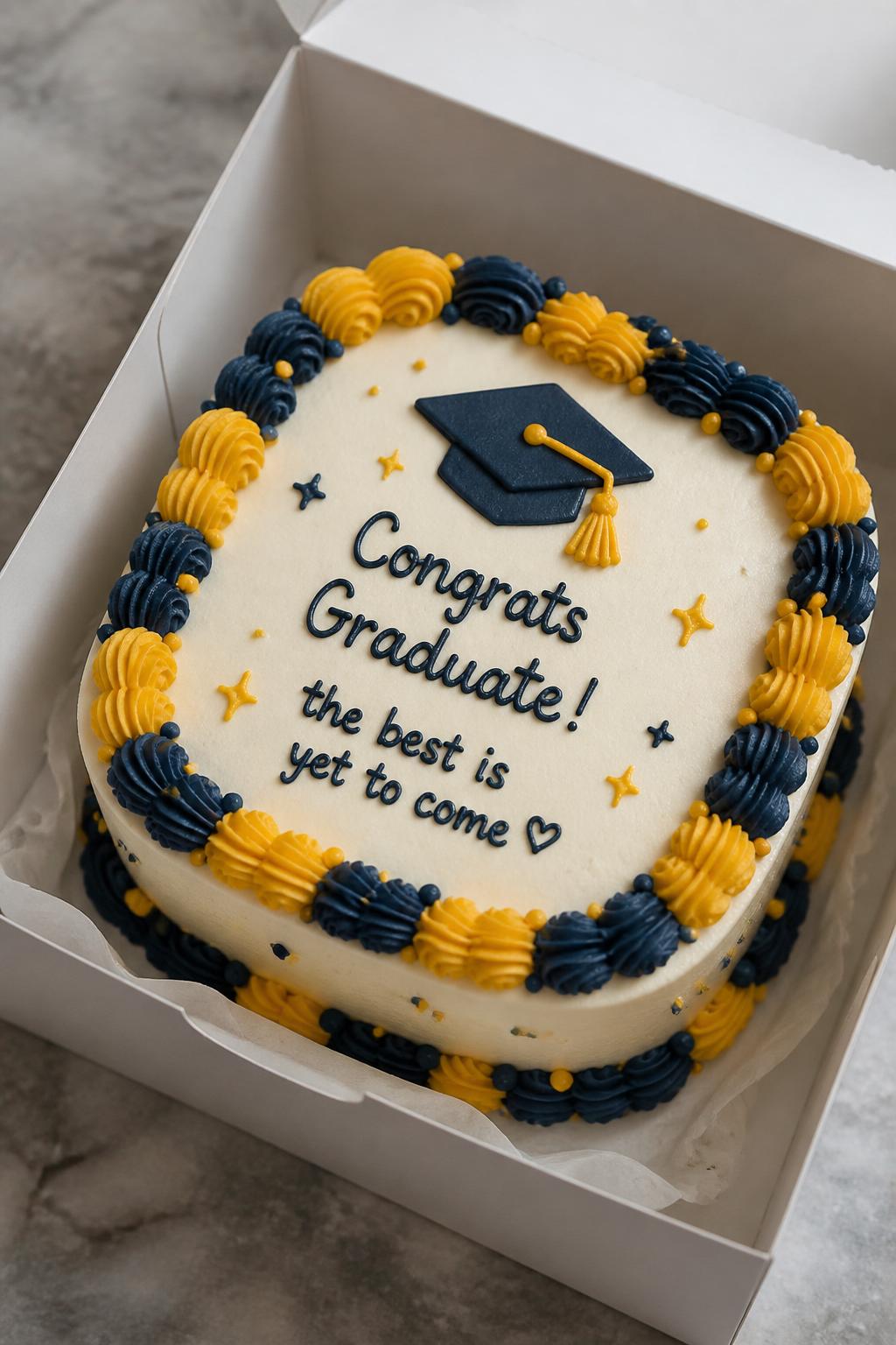 Image Prompt:
A beautiful graduation bento cake in an open white cake box, smooth buttercream frosting decorated in two school colors, neat piped border, short handwritten graduation message, subtle star details, stylish personalized dessert styling, realistic close-up bakery photography, no people, no hands, no faces, (no watermarks on images)