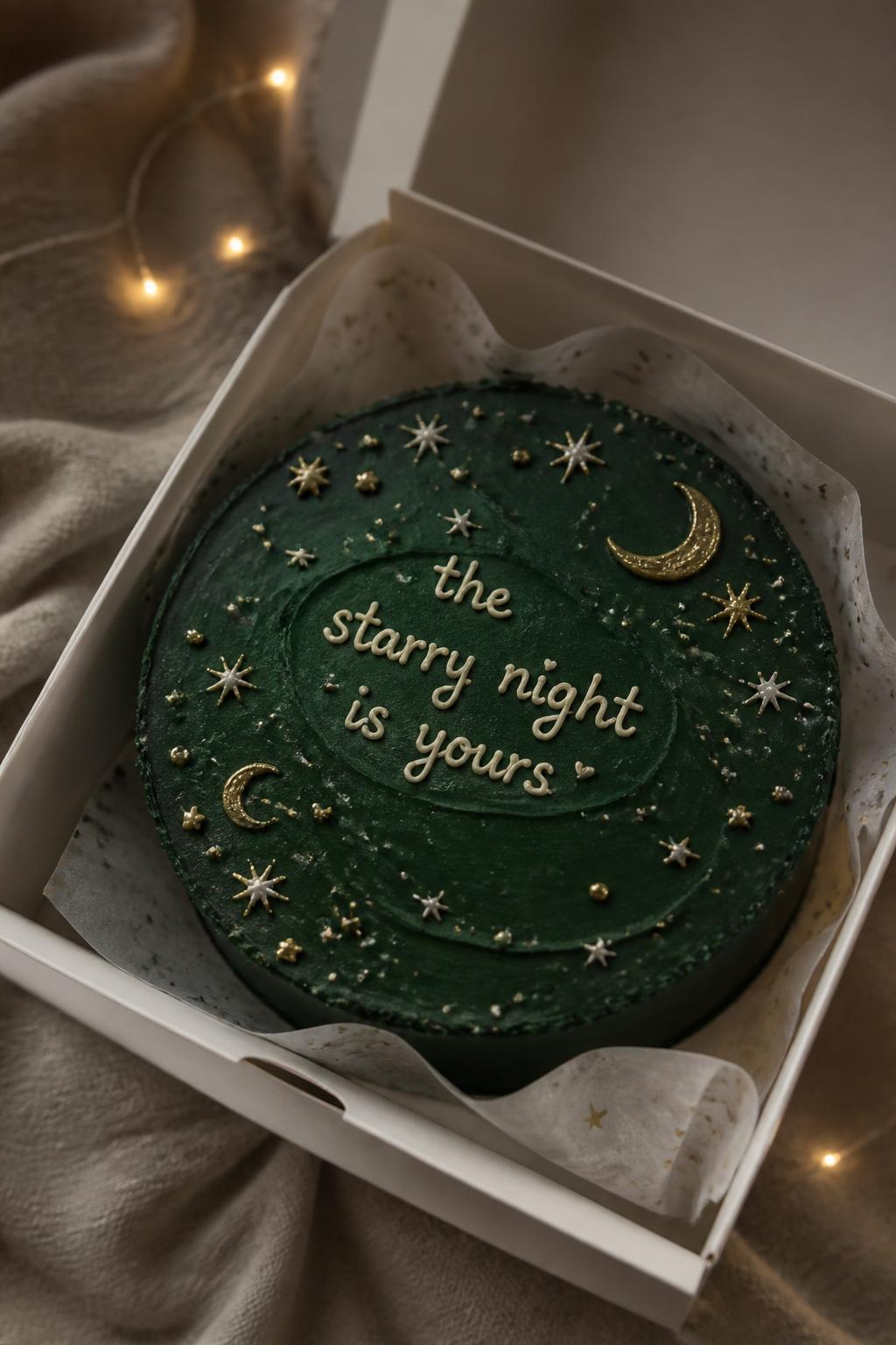 Image Prompt:
A dreamy star themed green bento cake in a white cake box, deep forest green frosting, tiny gold and white star details, crescent moon accents, soft cream icing lettering, magical night sky styling, gentle moody light, realistic editorial dessert photography, no people, no hands, no faces, no watermarks on images