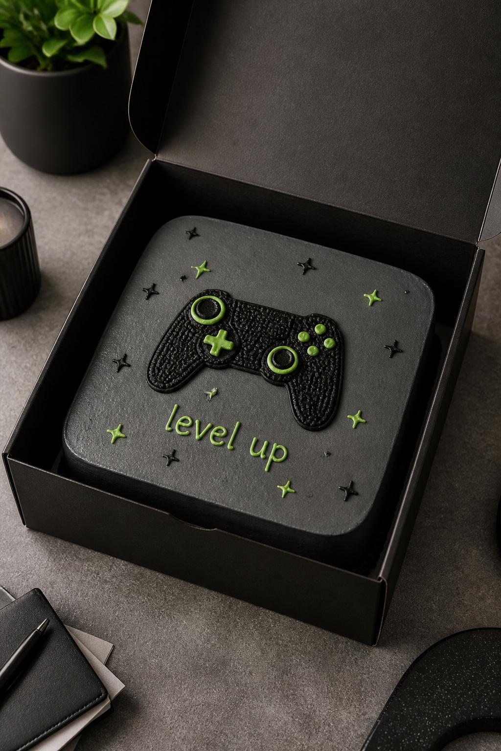 Image Prompt:
A gamer themed bento cake for men inside an open black cake box, smooth dark gray frosting, simple black and green buttercream game controller icon in the center, tiny star accents, icing text reading “level up,” modern desk-inspired styling, realistic editorial dessert photography, no screens, no people, no hands, no faces, no watermarks on images