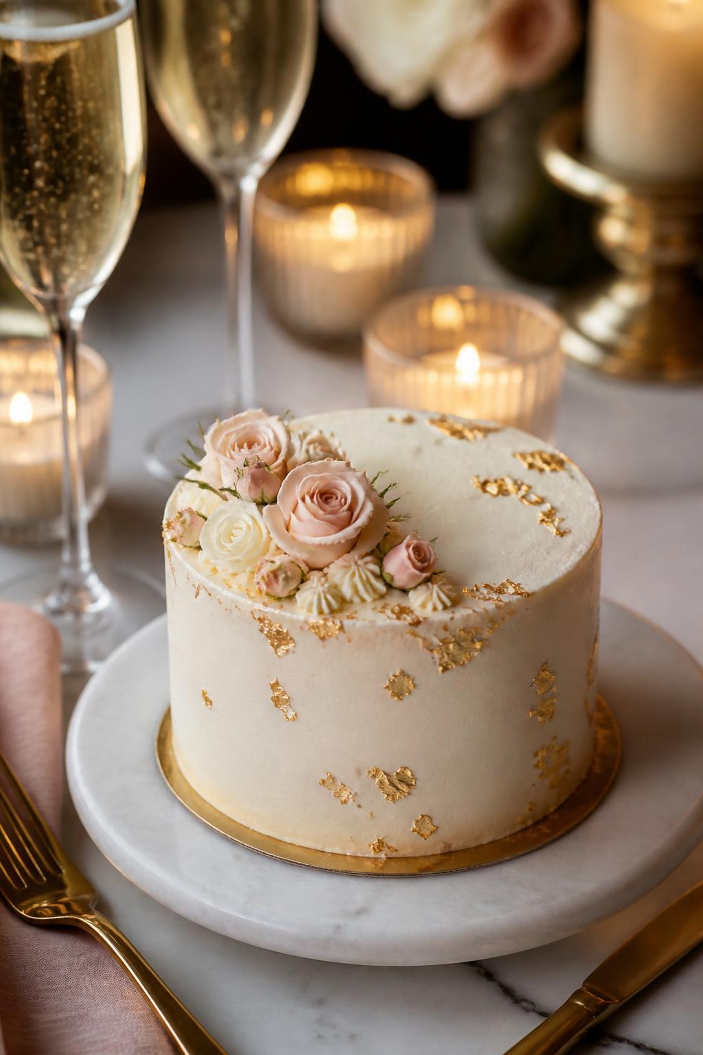 Image Prompt: A luxury mini anniversary cake with smooth white buttercream, scattered edible gold leaf, soft cream piping, and tiny blush roses on top. Style it on a marble dessert plate with gold cutlery, champagne flutes, and candlelight. Make it refined, celebratory, and realistic, no people, no faces, no text overlay, no watermark. (no watermarks on images)