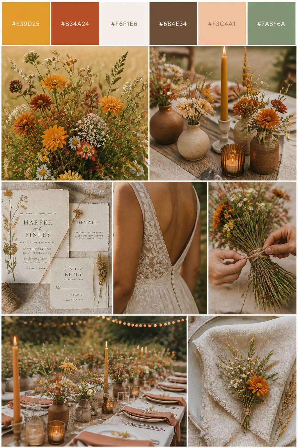 A realistic wildflower wedding color palette board in a polished Pinterest collage layout. Include a top strip of hex-coded swatches in marigold, rust, cream, warm brown, soft peach, and muted sage. Below, show a warm wildflower collage with marigold blooms, rust-toned flowers, cream linens, earthy bud vases, candlelit tables, handmade-style stationery, cropped dress details from below the chin, hands tying twine around floral stems, and a no-people outdoor reception table with wildflower centerpieces. Use no full faces, with back views, side crops, hands-only styling, and no-people detail shots. DSLR-style realism, 9:16 vertical format. (no watermarks on images)