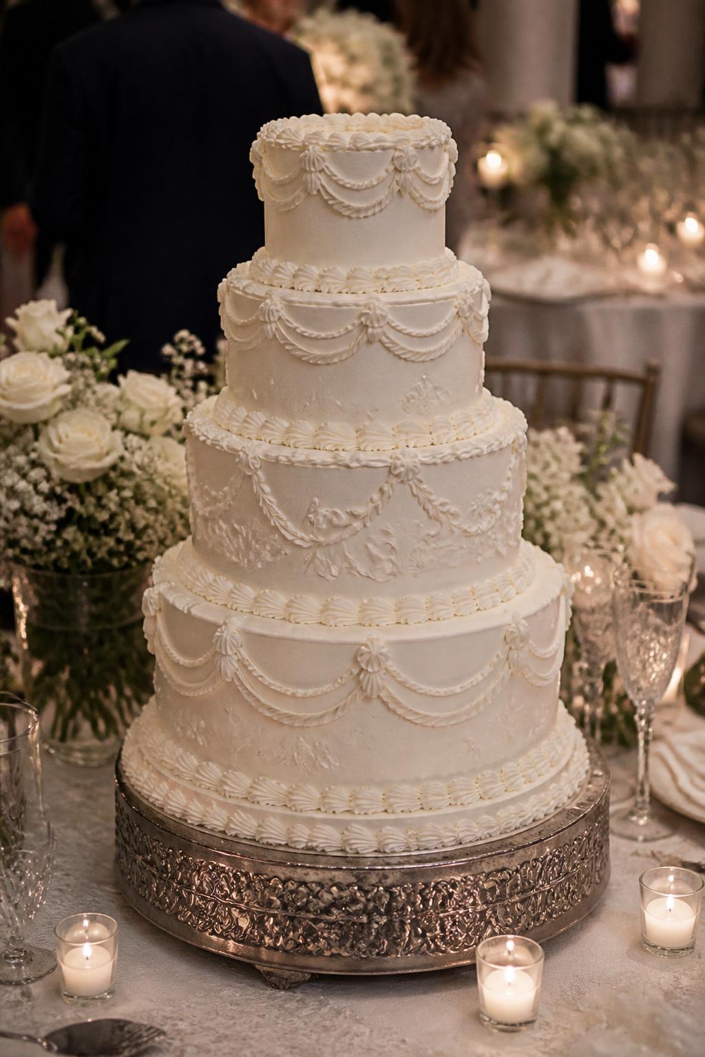 Image Prompt: Ultra-realistic wedding reception photo of a beautiful retro wedding cake in classic white Lambeth style with ornate piped swags, shells, scrollwork, layered icing borders, and tall elegant tiers. Place the cake on a styled wedding cake table in a real wedding party scene with candles, white roses, crystal glassware, lace or satin linens, and a softly blurred reception backdrop. Keep the cake as the clear main focus. No visible faces. If people appear, show only back views, side views in soft blur, cropped hands, or neck-down figures. Realistic piped icing texture, soft romantic lighting, DSLR editorial wedding photography, detailed and believable. (no watermarks on images)