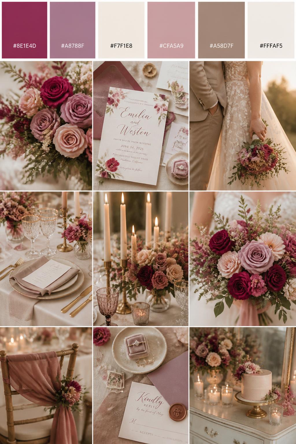 A realistic wedding palette mood board in a polished Pinterest collage layout. Include a top strip of color swatches with hex codes in raspberry, mauve, cream, dusty rose, warm taupe, and ivory. Below, show a soft romantic collage with mauve flowers, raspberry floral accents, cream table styling, invitation flat lays, candlelit details, a side-view cropped couple shot with no faces visible, bouquet close-ups, and softly lit decor scenes. Keep variety in the compositions with no full faces, using back views, hands-only images, and no-people styling scenes. The mood should feel romantic, soft, and elegant with real DSLR photo quality. 9:16 vertical format. (no watermarks on images)