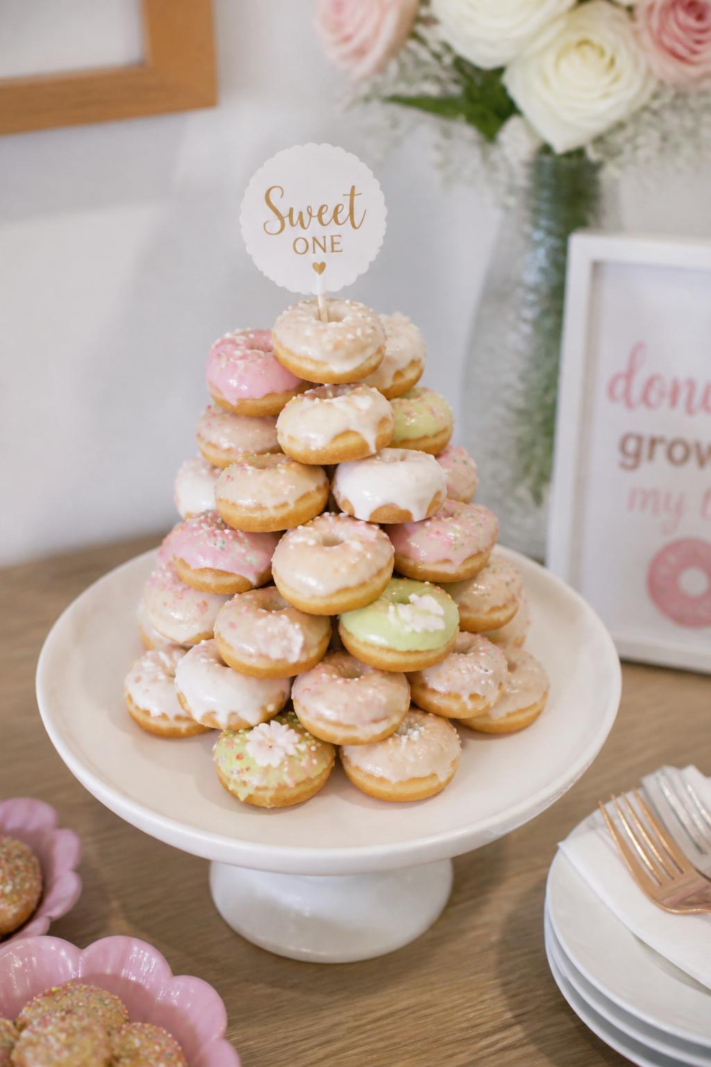 Detailed Image Prompt:
A charming mini donut tower cake made with small bite-sized donuts stacked in a neat pyramid shape, decorated with white glaze, pastel icing, tiny sprinkles, and a small cake topper, styled on a compact dessert table for a small celebration, realistic DSLR dessert photography, no people, bright soft light, no watermarks on images.