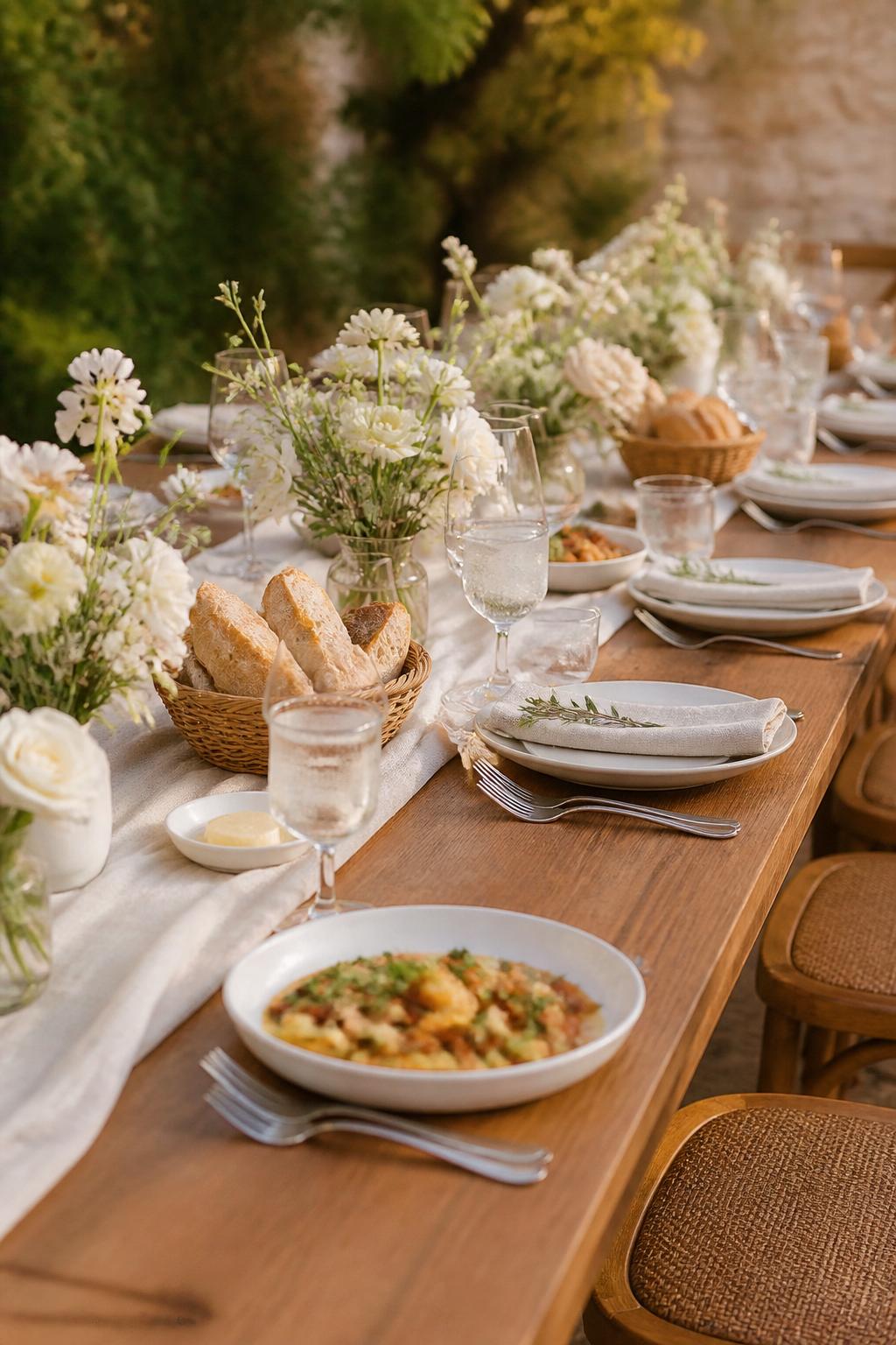 Image Prompt:
A cute wedding dinner table styled for family style dining with a soft ivory linen runner, shared bread baskets, ceramic serving dishes, small white floral arrangements, clear glasses, folded linen napkins, and warm natural light. Rustic garden or vineyard reception setting, no visible faces, no text, no watermark, professional editorial wedding photography, (no watermarks on images)