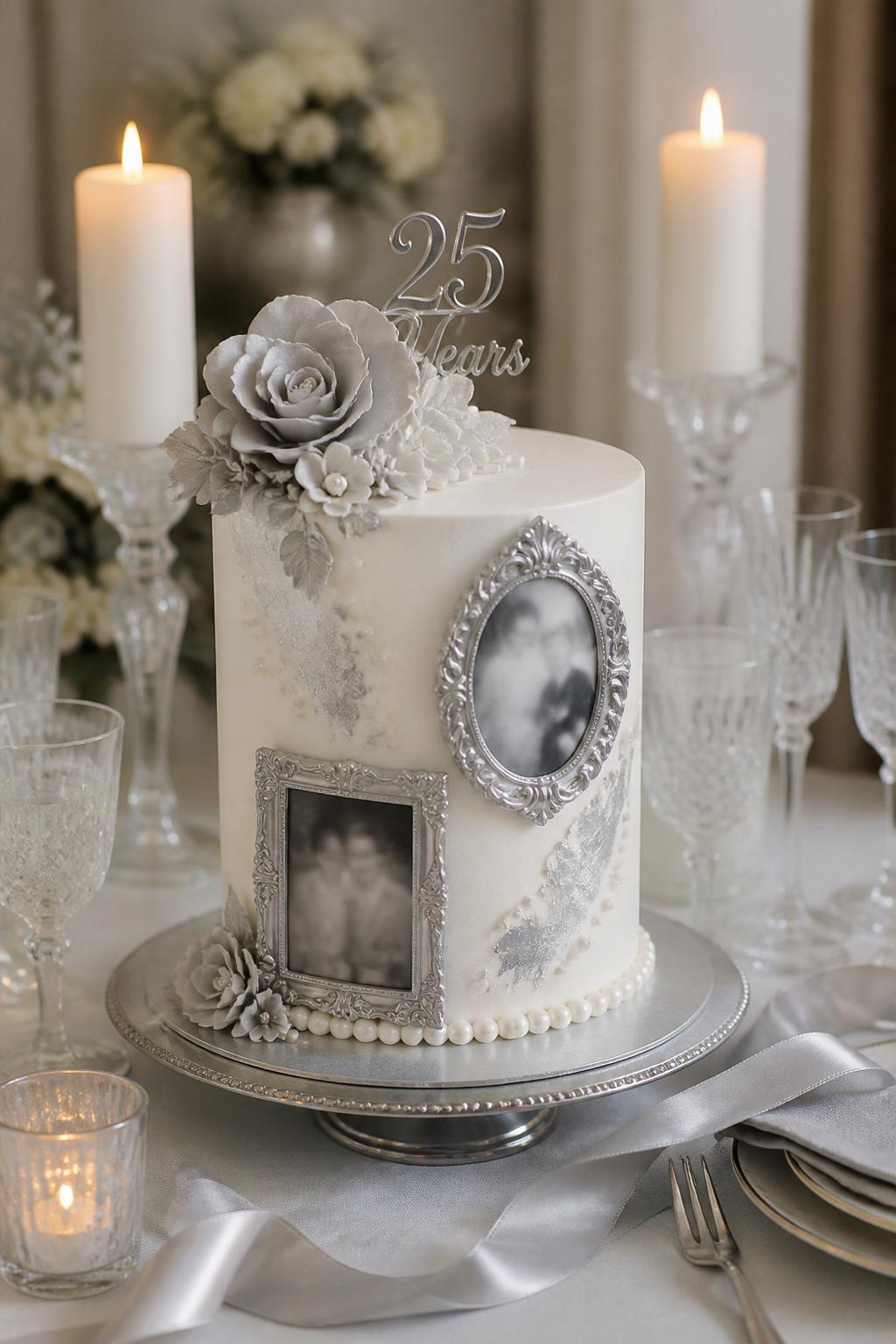 Image Prompt: A refined silver anniversary cake with smooth white buttercream, silver edible photo frames, pearl borders, pale gray sugar flowers, soft silver leaf, and a small “25 Years” topper. Style it on an elegant dessert table with crystal glasses, white candles, silver ribbon, and soft neutral lighting. Make the photos softly blurred with no clear visible faces, realistic and graceful, no people, no faces, no watermark. (no watermarks on images)