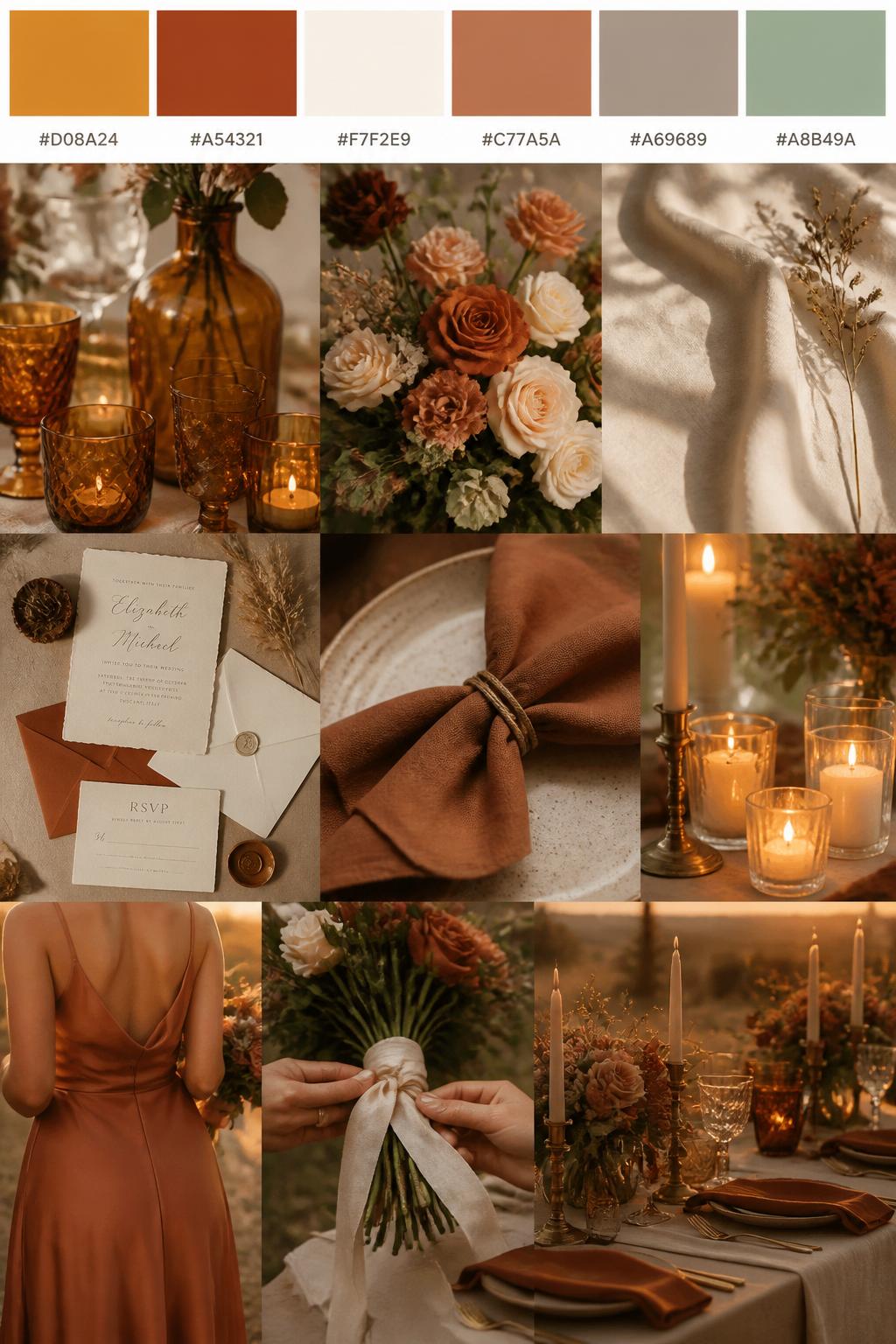 A realistic sunset wedding inspiration mood board with a top row of swatches and small hex codes in amber, rust, ivory, clay, warm taupe, and soft sage. Under the palette strip, show a beautiful collage of amber glass details, rust-toned florals, ivory linen, clay-toned napkins, soft candlelight, elegant stationery, a cropped bridesmaid dress image from the neck down, hands tying ribbon around a bouquet, and a romantic table setting under warm golden light. Use only back views, side views, detail crops, and no-people decor scenes to avoid face issues. DSLR-style realism, 9:16 vertical format. (no watermarks on images)