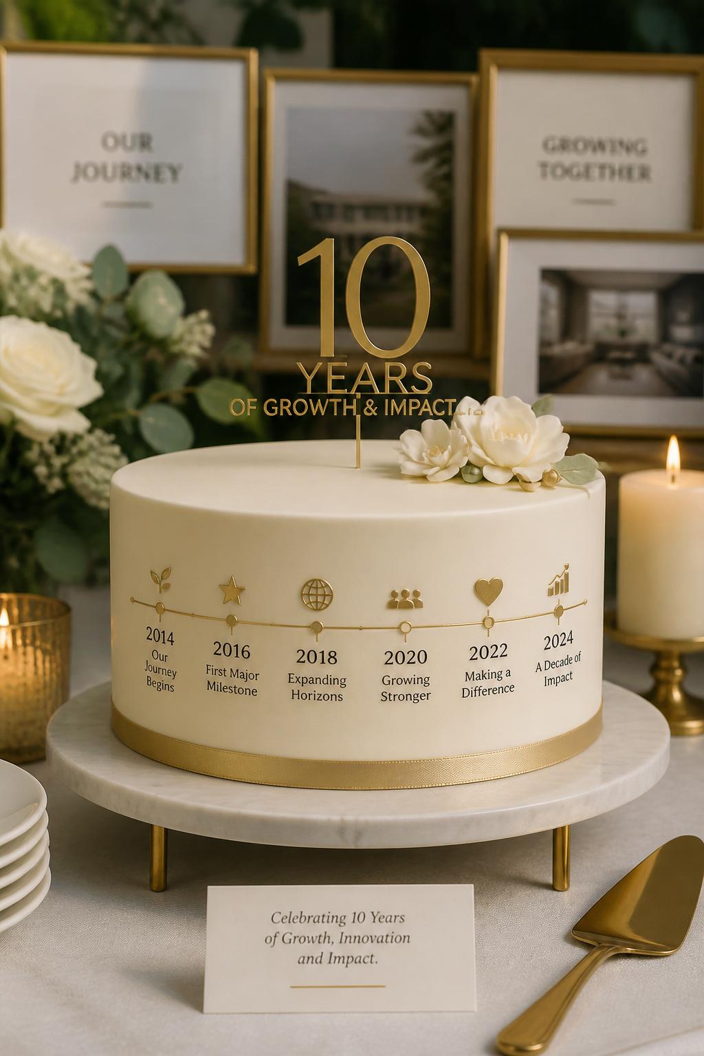 Image Prompt: A creative company anniversary cake with smooth ivory fondant, small edible timeline markers around the side, subtle milestone icons, thin gold lines, and a clean anniversary topper. Style it on a corporate dessert table with framed company memories blurred in the background, candles, and neutral flowers. Make it tasteful, meaningful, and realistic, no people, no faces, no watermark. (no watermarks on images)