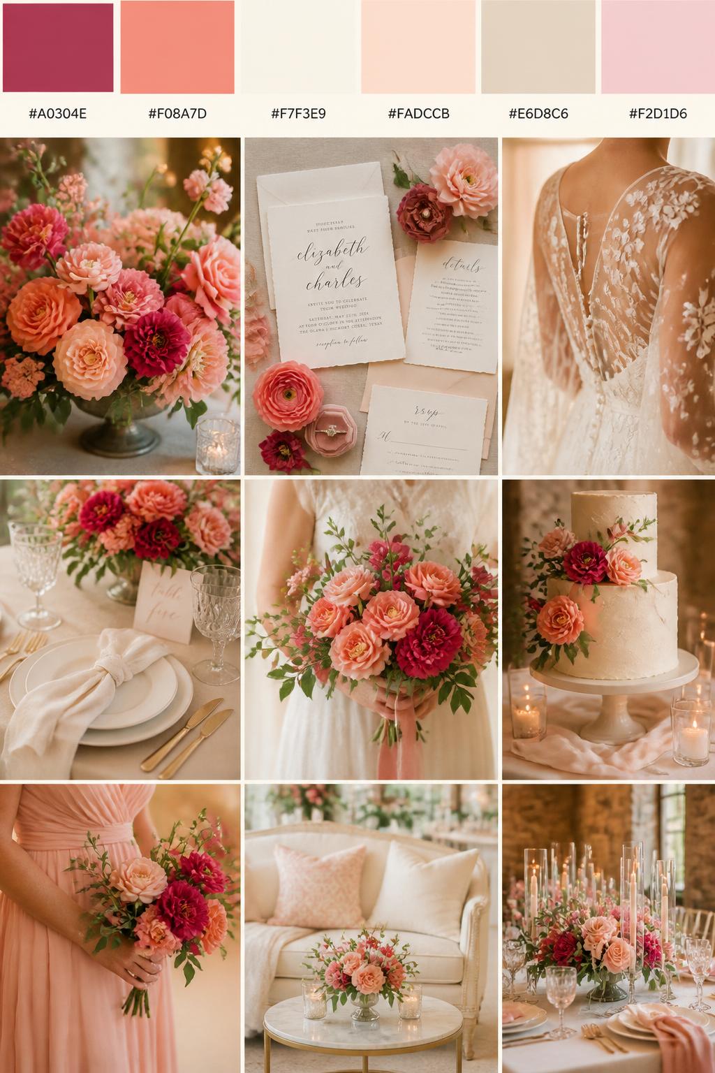 A realistic wedding inspiration collage with a top color strip showing hex-coded swatches in raspberry, soft coral, ivory, pale peach, warm beige, and soft blush. Below the palette strip, create a realistic wedding mood board with coral flowers, raspberry floral details, ivory linens, invitation flat lays, cropped dress detail shots, hands holding a bouquet, and no-people decor scenes in soft natural light. Use back views, side views, shoulder-down crops, and detail-only shots so no full faces are visible. The mood should feel bright, soft, romantic, and polished with DSLR-style realism. 9:16 vertical format. (no watermarks on images)
