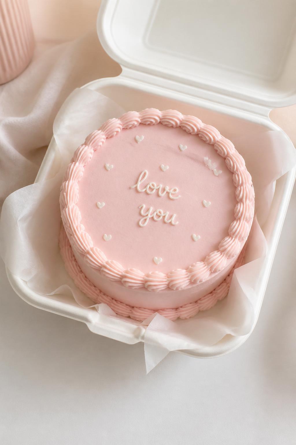 Image Prompt:
A beautiful minimal blush pink bento cake inside an open white bento cake box, smooth pale pink buttercream frosting, neat piped border, short handwritten icing text that says “love you,” tiny white heart details, clean modern styling, soft natural light, pastel background, editorial bakery photography, realistic dessert styling, no people, no hands, no faces, no watermarks on images