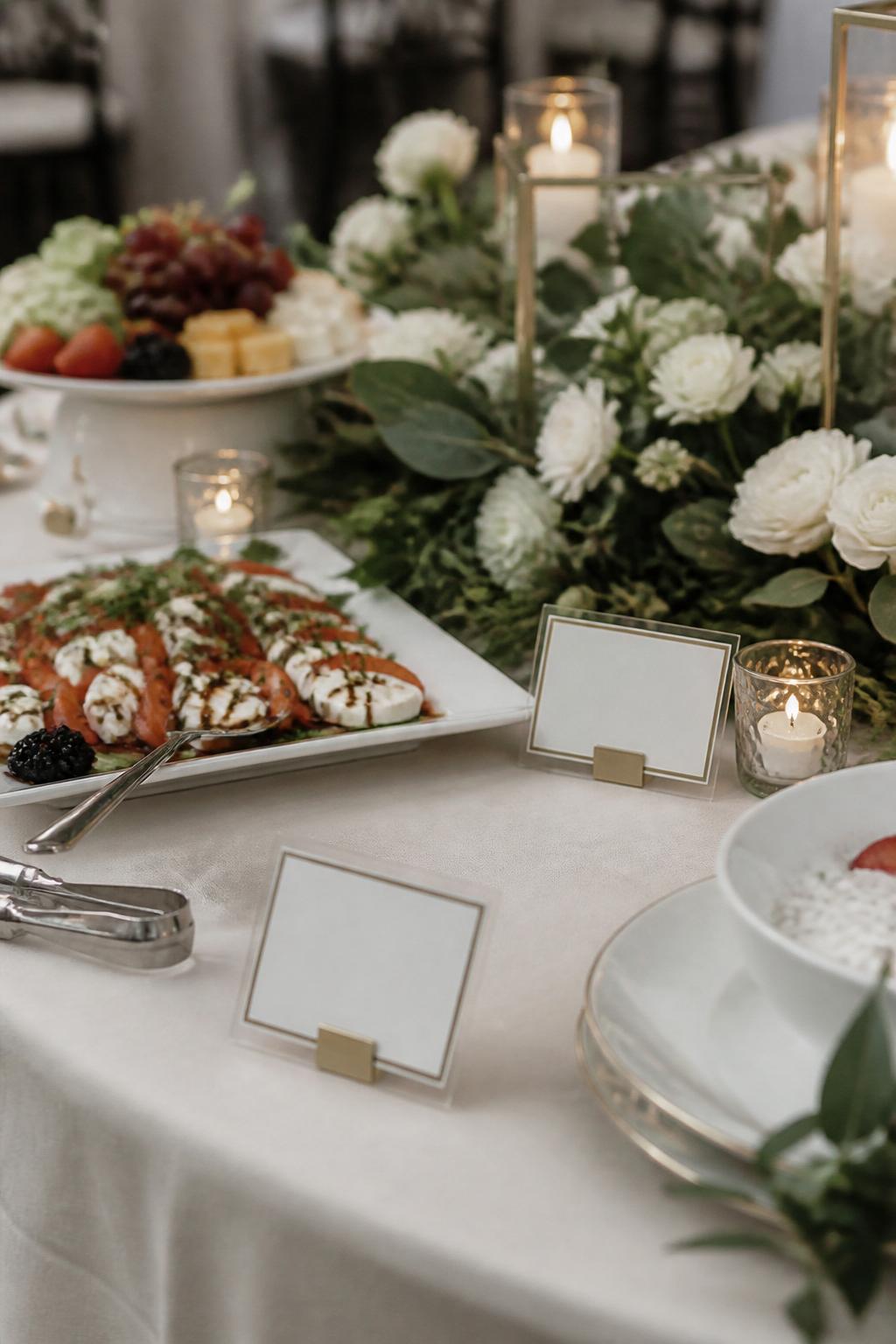 Image Prompt:
A close editorial wedding buffet table photo showing classy small food label cards in simple holders, arranged beside elegant serving platters, white linen, greenery, white flowers, polished serving utensils, and soft candlelight. The cards have no readable text, no visible faces, no watermark, realistic professional wedding photography.