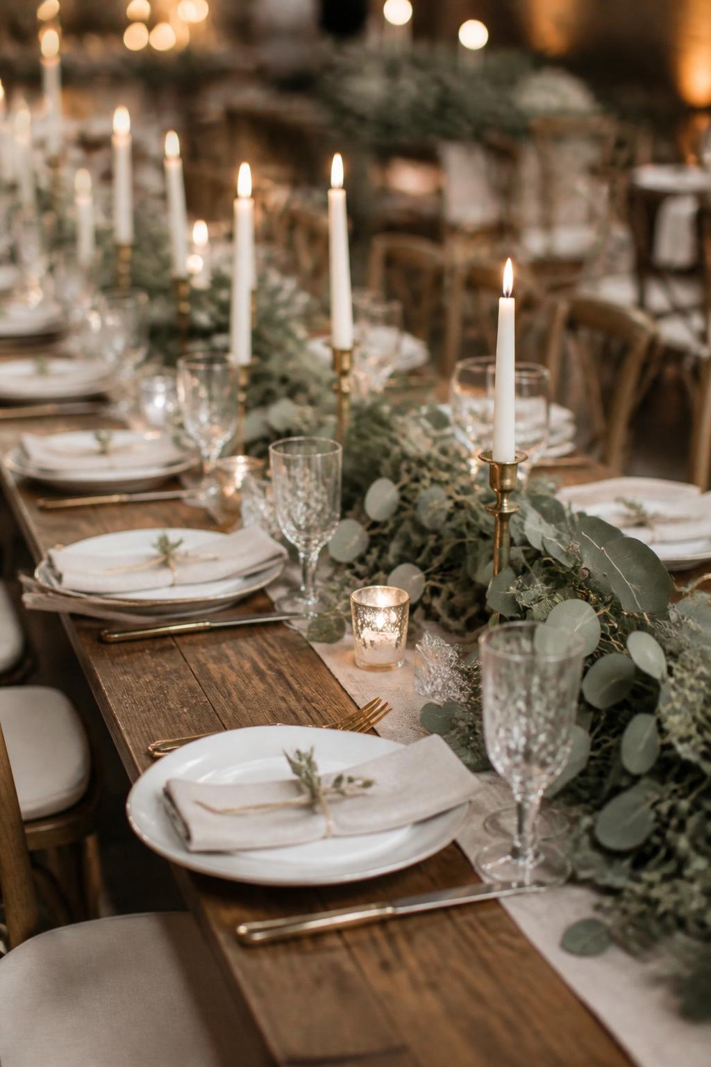Image Prompt:
A beautiful farm table wedding decor photo showing a long wood table styled with a lush eucalyptus garland running down the center, ivory taper candles in brass holders, white plates, linen napkins, crystal glasses, and warm candlelight. Countryside or barn wedding reception setting, no visible faces, no text, no watermark, realistic editorial wedding photography, (no watermarks on images)