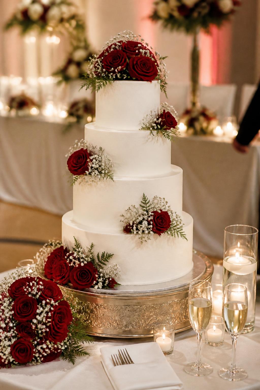 Image Prompt: Ultra-realistic wedding reception photo of a wedding cake with smooth white or ivory tiers, fresh deep red roses, baby’s breath, and delicate greenery arranged beautifully around the cake. Place the cake on a styled wedding cake table with candles, fine linens, champagne glasses, floral centerpieces, and a softly blurred reception backdrop. Keep the cake as the clear focal point. No visible faces. If people appear, show only cropped hands, back views, side views, or neck-down figures. Realistic baby’s breath detail, fresh red rose petals, soft romantic DSLR lighting. (no watermarks on images)
