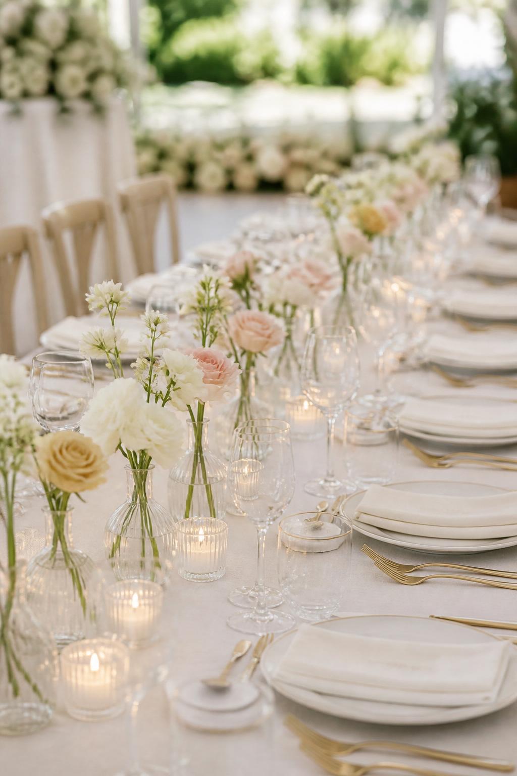 Image Prompt:
A pretty wedding reception table with a neat line of small candles and clear bud vases down the center, each bud vase holding one or two flowers in white, blush, and pale yellow tones. Add ivory linen, white plates, gold flatware, and clear glassware. Garden or modern reception setting, no visible faces, no text, no watermark, professional editorial photography, (no watermarks on images)