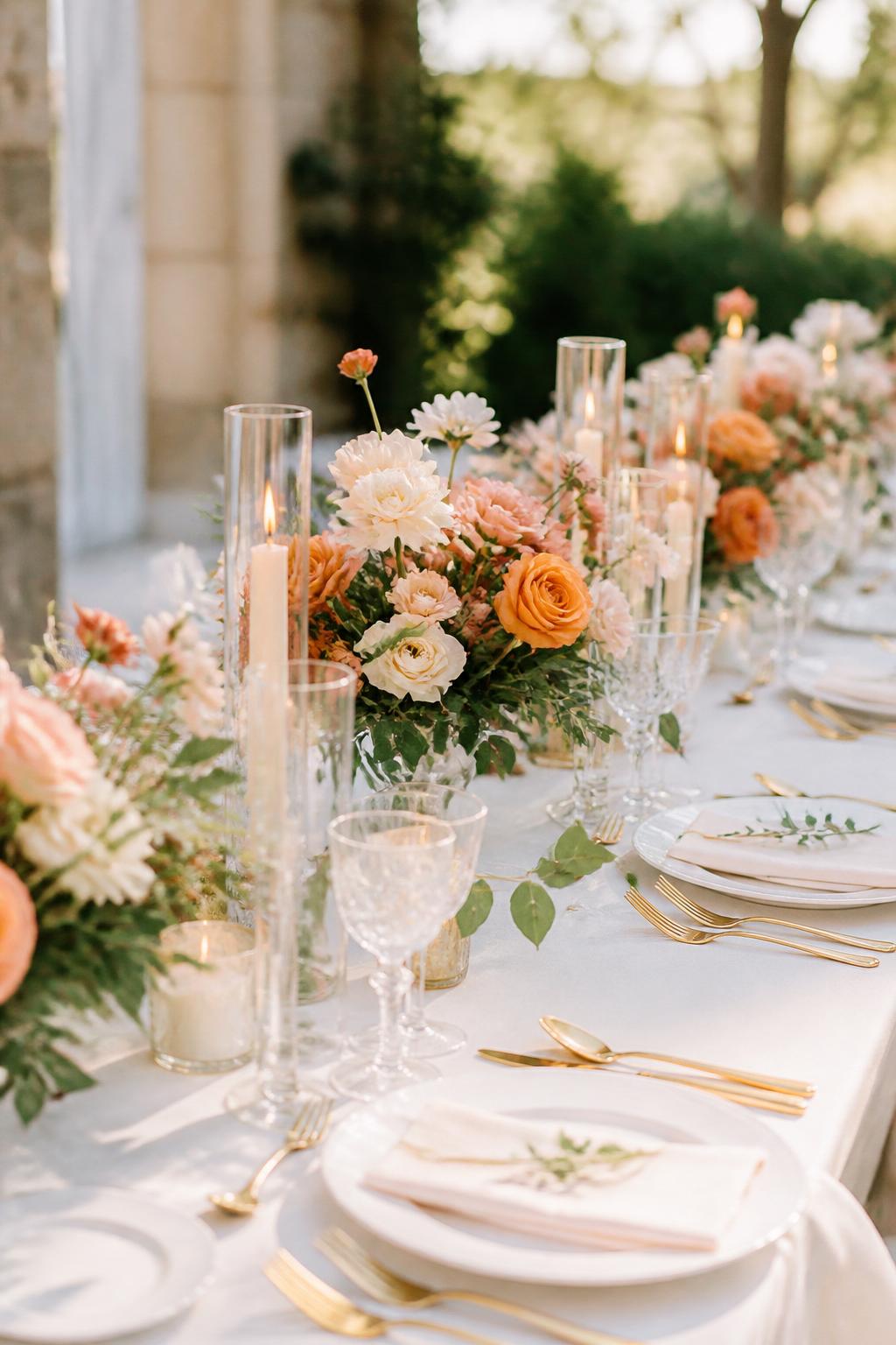 Image Prompt:
A soft romantic wedding table decorated with orange and peach flowers, blush accents, ivory blooms, soft greenery, white plates, gold flatware, crystal glasses, and ivory candles. Outdoor garden wedding reception with soft natural light, no visible faces, no text, no watermark, realistic DSLR wedding photography, (no watermarks on images)