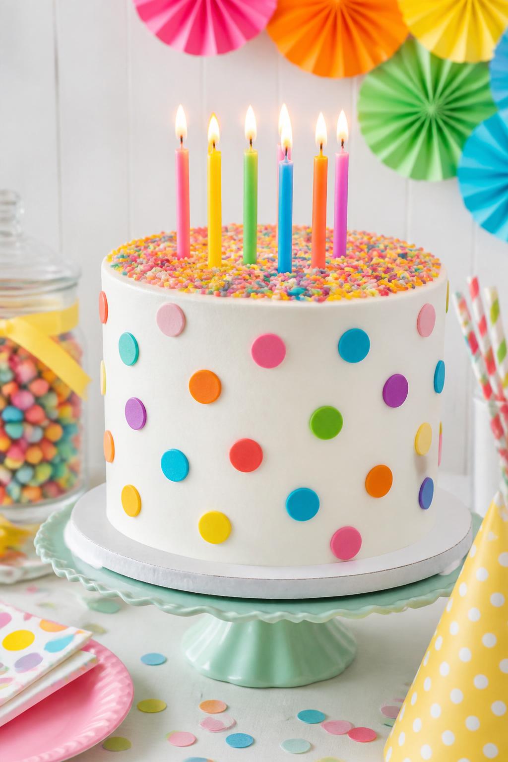 Detailed Image Prompt:
A white celebration cake covered with colorful confetti-style polka dots, smooth buttercream sides, sprinkle-filled top border, bright candles, styled on a cheerful birthday table with simple colorful party decor, realistic DSLR cake photography, no people, bright natural light, no watermarks on images.