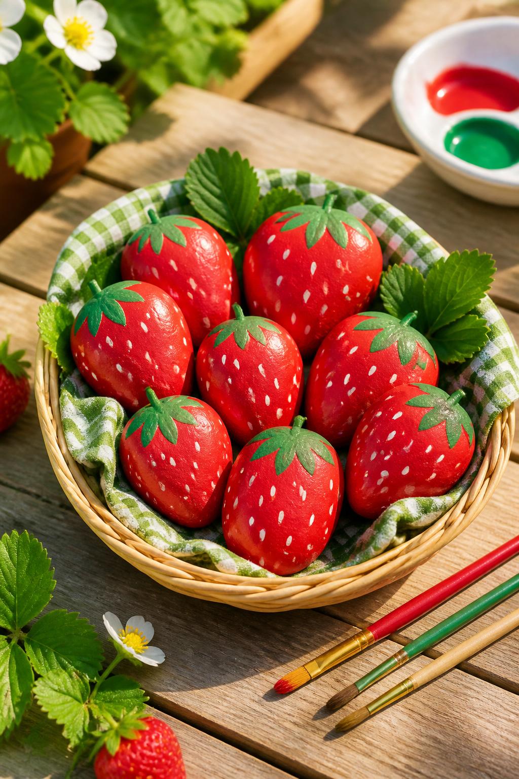 Detailed Image Prompt:
A polished summer craft photo of small painted rocks turned into strawberries, red rocks with green leafy tops and tiny white seed dots, arranged in a small basket with a few real leaves and paintbrushes nearby, sunny outdoor table setting, charming kids’ craft style, clean and bright composition, no people, no text, no watermark on images.