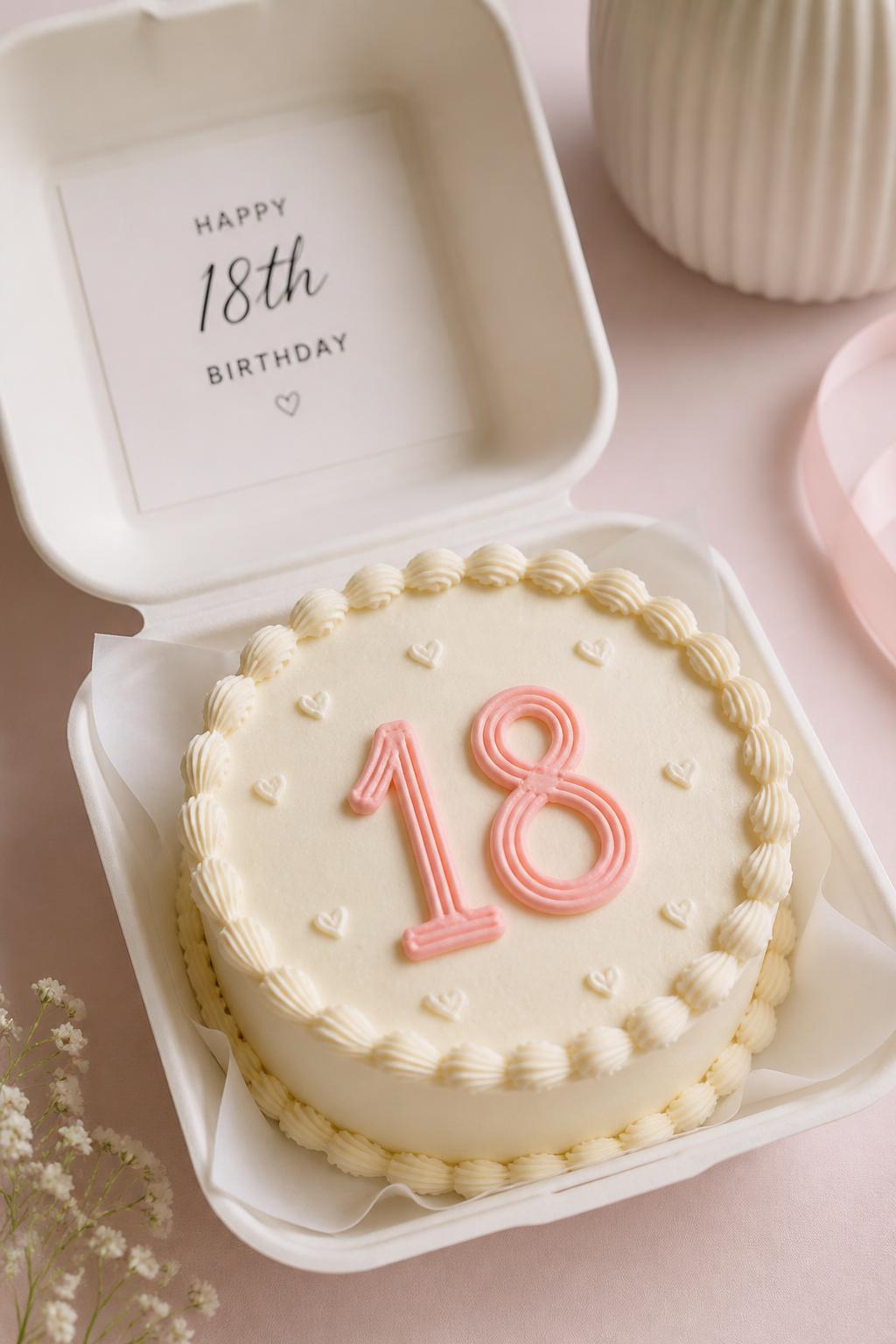 Image Prompt:
A creative 18th birthday bento cake inside an open white bento cake box, smooth cream buttercream frosting, large neat icing number “18” in soft pink on top, tiny white heart details, clean piped border, modern minimal birthday styling, soft natural light, pastel background, realistic editorial bakery photography, no people, no hands, no faces, no watermarks on images